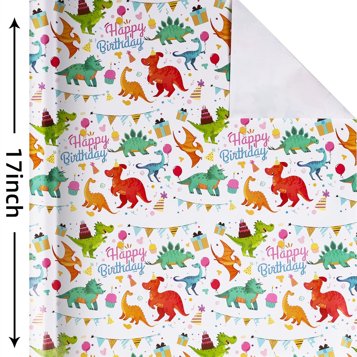 Gift Wrapping Paper Roll,Cute Dinosaurs Happy Birthday Wrapping Paper For Boys,Wrapping Paper Rolls Gift Wrap Paper Dinosaur Parties,Baby Showers,Happy Bday Wrap,17 Inch X 32 Ft Per Roll