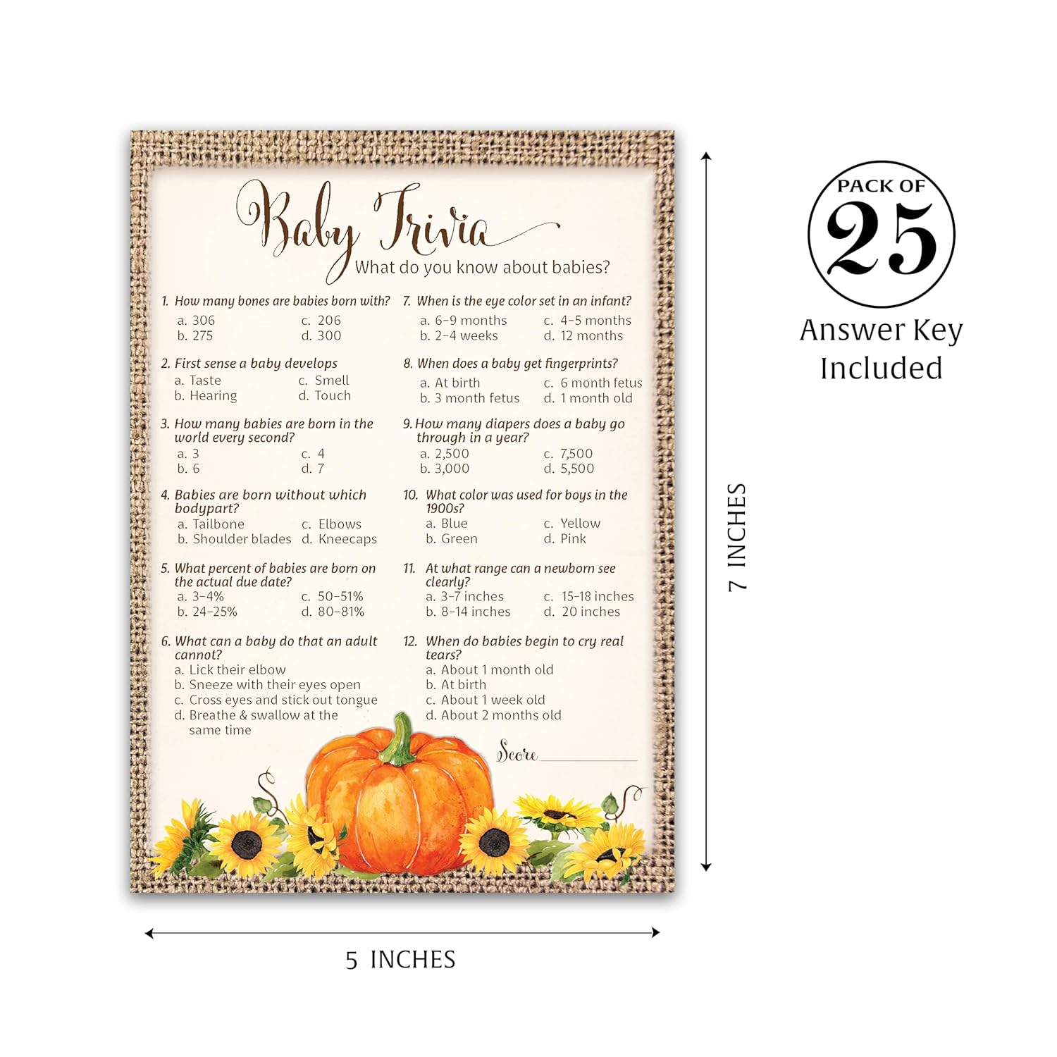 Pumpkin Baby Shower Game, Pumpkins Baby Trivia Game — Pack Of 25 — Fall Baby Shower, Rustic Gender Neutral Baby Shower Games, Little Pumpkin Autumn Fall Baby Halloween Baby Party Games Sku G331-Trv