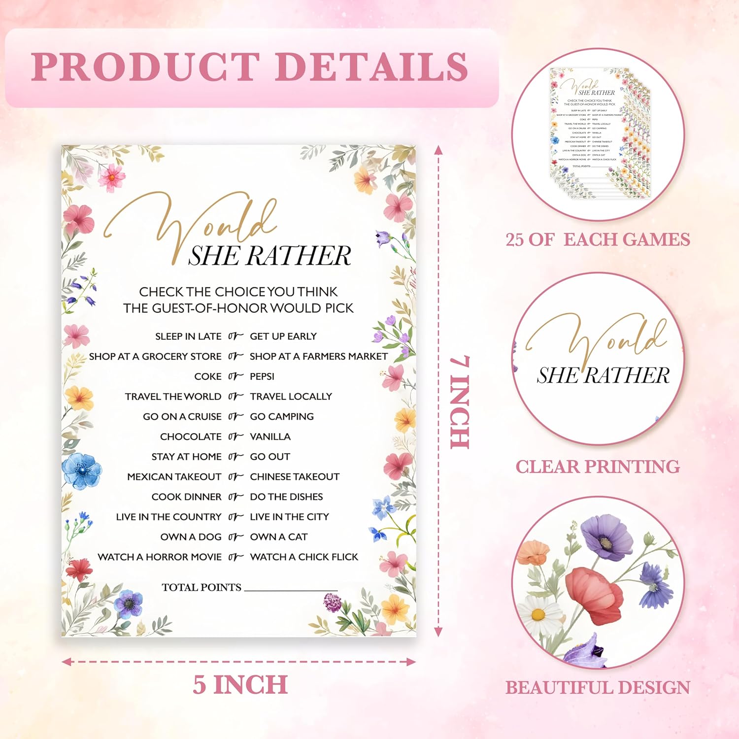 Wildflowers Wedding Games Cards, Would She Rather Games, Spring Flowers Theme Bridal Shower Game, Bachelorette Party Supplies Engagement Party Favors, Boho Bridal Shower Decorations -04