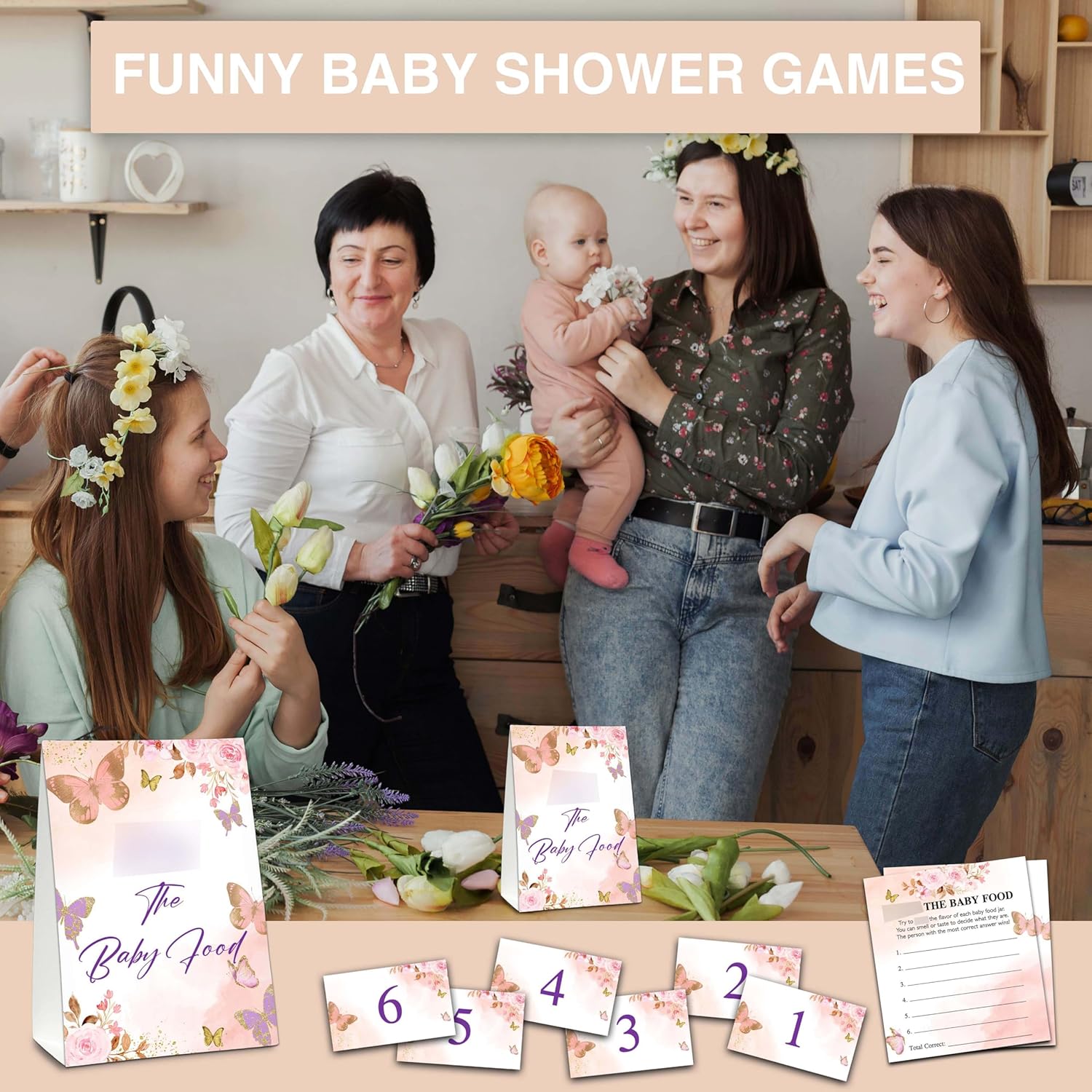 Find The Baby Food Party Games, Butterfly Baby Shower Game Set (1 Standing Sign + 20 Answer Cards + 6 Number Cards), Blush Pink Floral Name The Food Game, Party Favors Decorations(04)