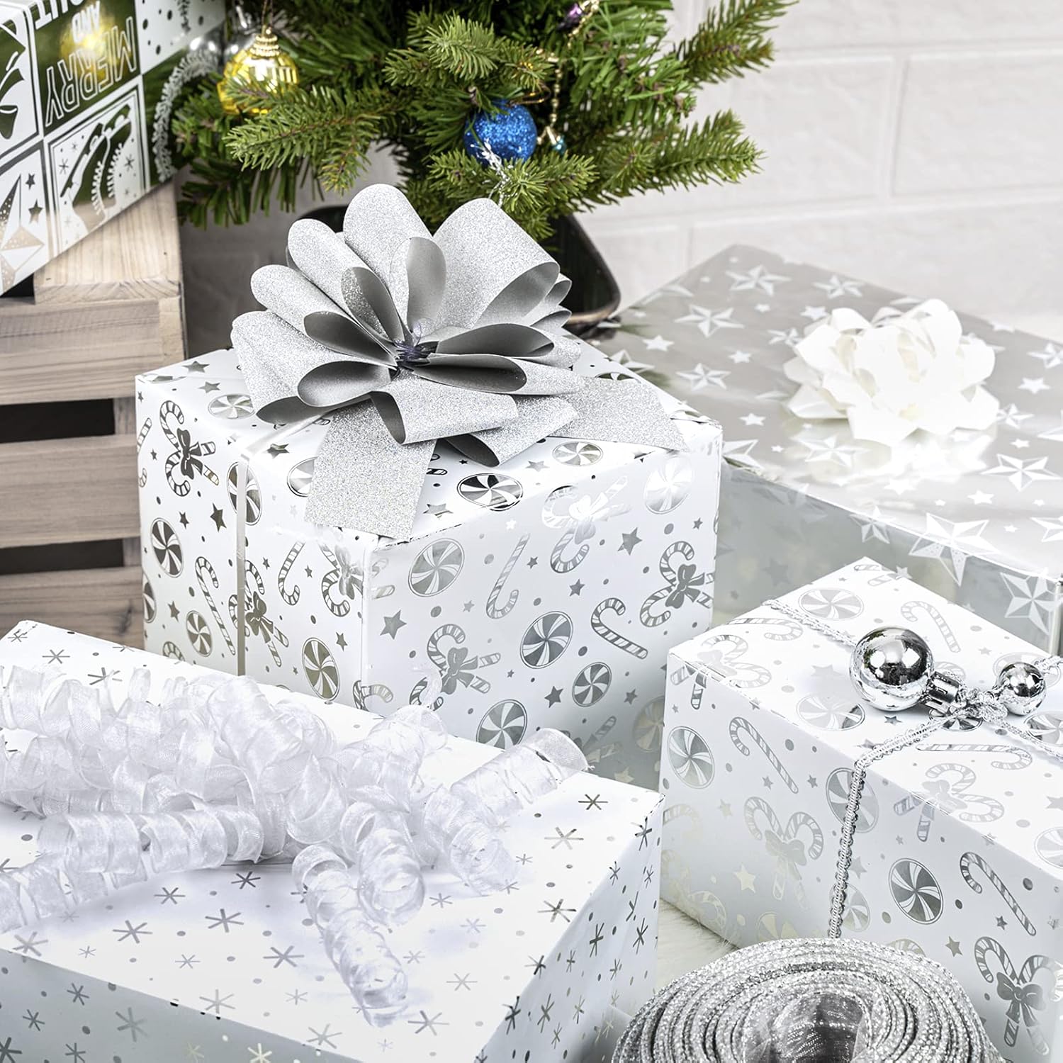 30 Inch Silver Christmas Wrapping Paper Roll - Jumbo Roll Silver Snowflakes, Candy Cane Holiday Collection With Metallic Foil Shine - 4 Rolls - 30 Inch X 120 Inch Per Roll