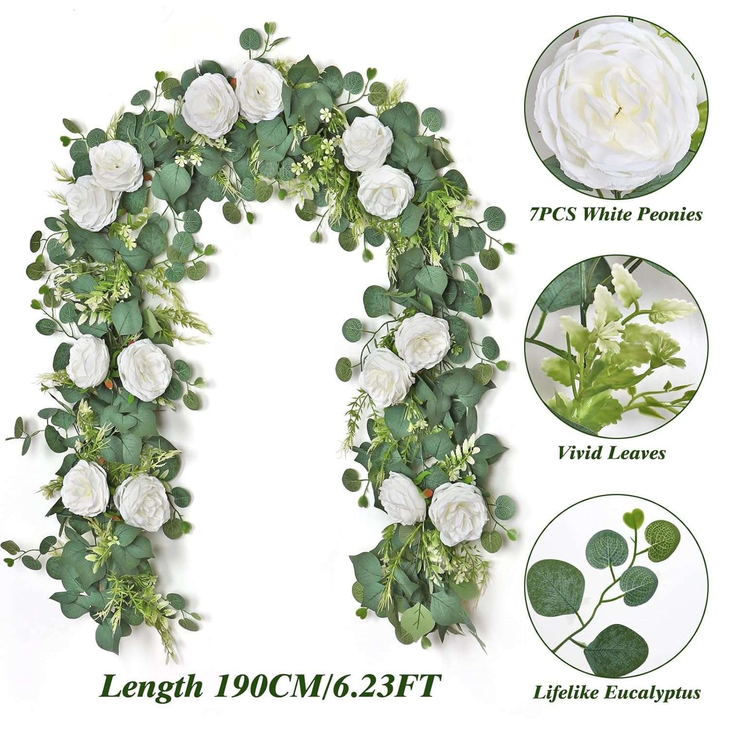 4 Pack 6.23 Ft Artificial Eucalyptus Garlands With White Roses,Faux Floral Greenery Garlands Fake Rose Flowers Vines Garlands For Wedding Table Centerpieces Arch Party Ceremony Backdrop Decor