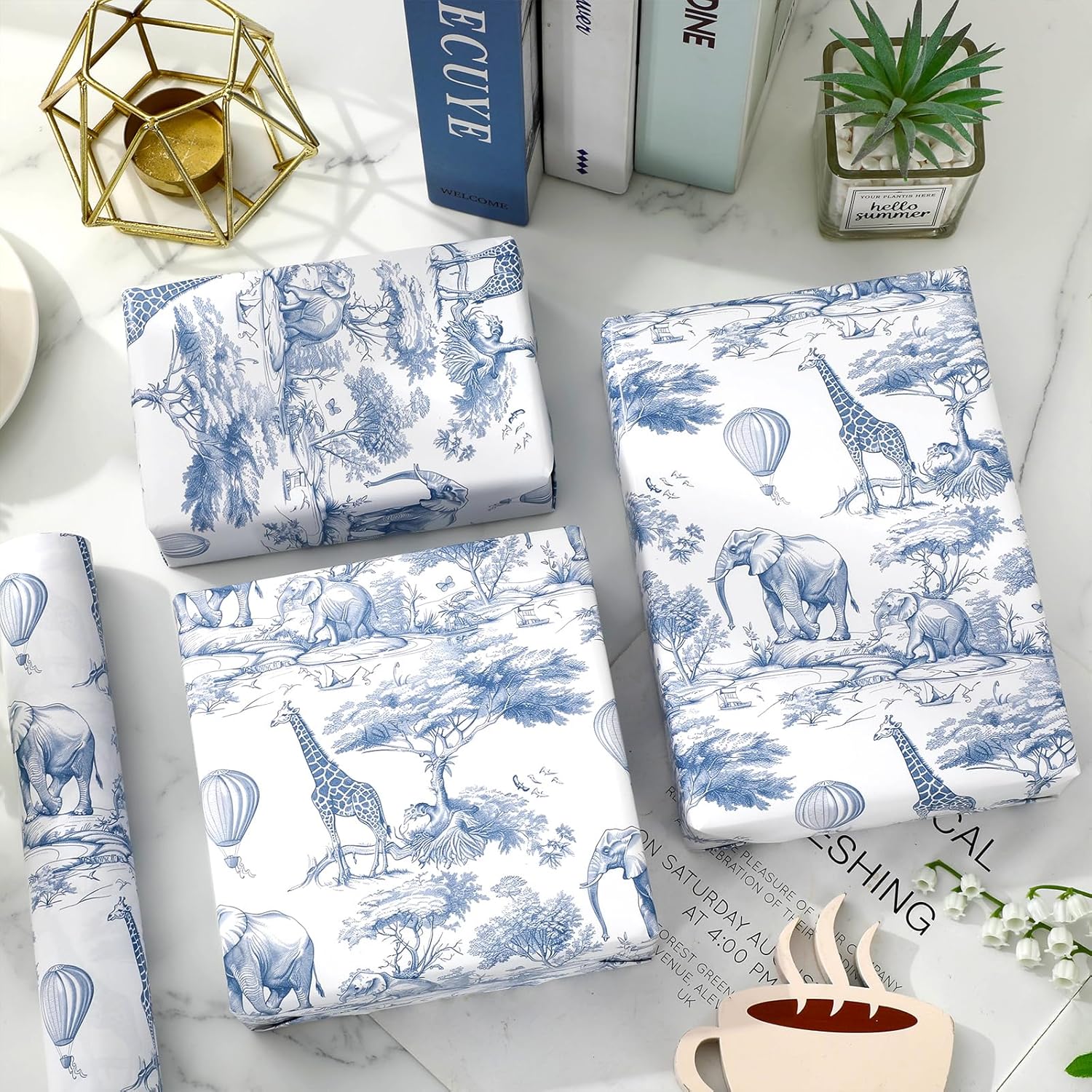 Blue And White Wrapping Paper -Mini Roll- 17 In X 32.8 Ft Jungle Animal Gift Wrap Paper For Holiday Birthday Baby Shower Party Wrapping Supplies