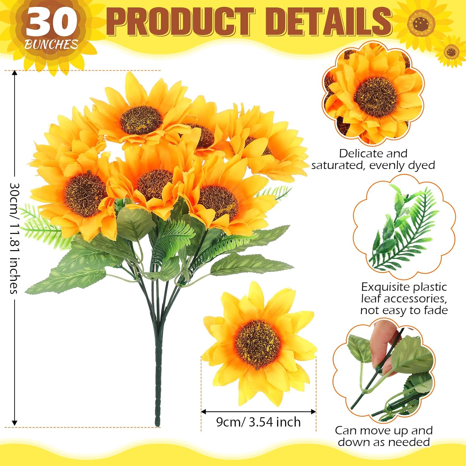 30 Bunches Sunflower Artificial Flowers, Each With 7 Heads, 11.8'' High Bride Holding Silk Bouquet Sunflower Decor Centerpieces For Tables Party Wedding Home Decor Craft