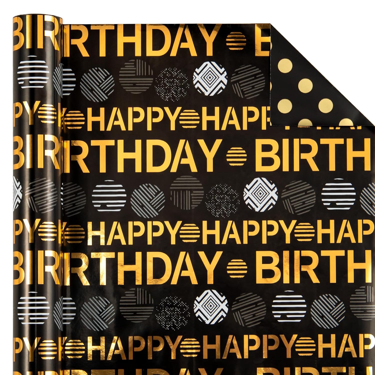 Reversible Birthday Wrapping Paper Roll - Mini Roll - 17 Inch X 16.5 Feet - Black Gold Happy Birthday Wrapping Paper Perfect For Adults Kids Girls Boys, Baby Shower