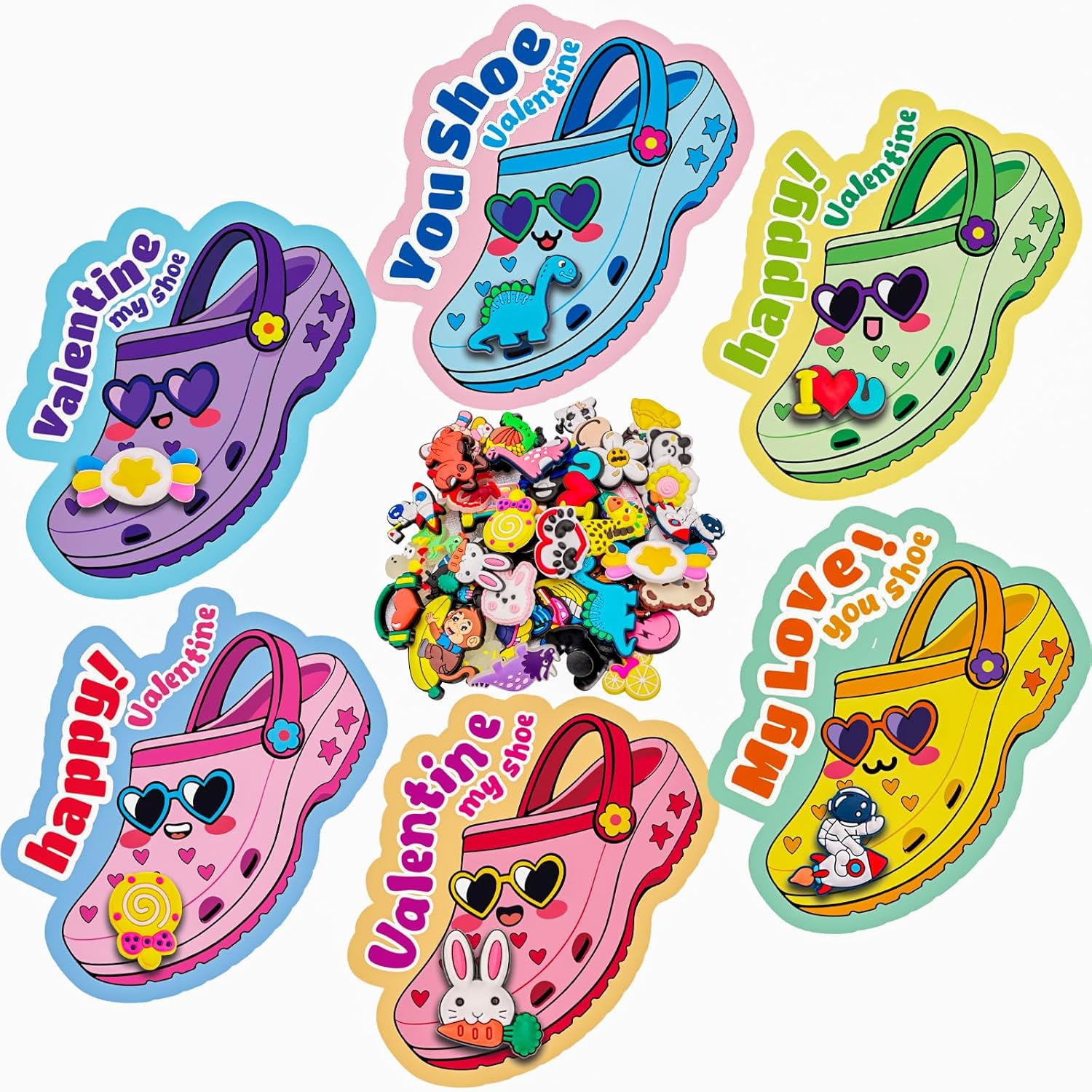 24 Pack Valentines Day Cards With Shoe Charms For Kids Valentines Day Classroom Exchange Gifts For Boys Girls(24 Cards, 48 Shoe Charms)