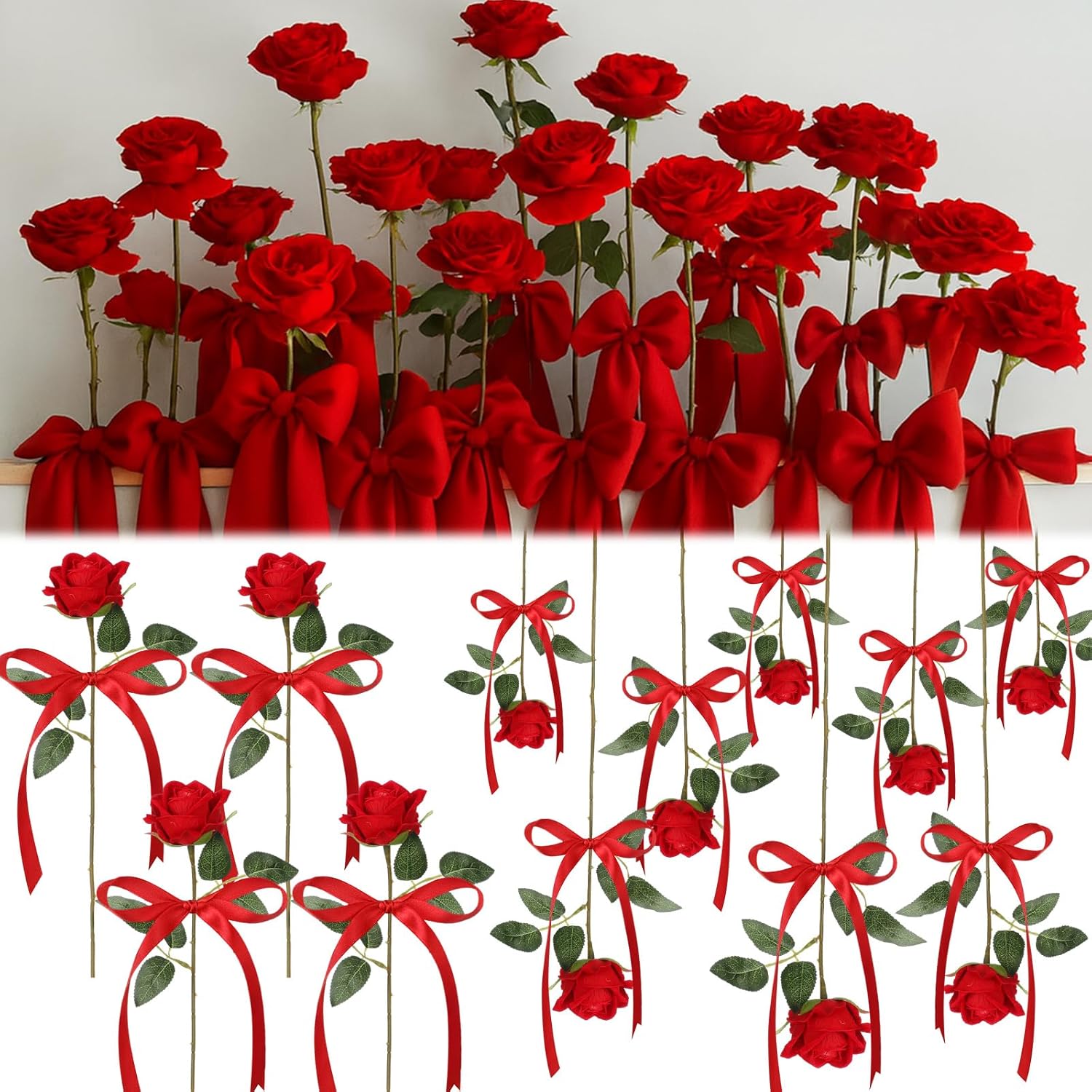 15 Set Valentine'S Flower Rose Decoration Artificial Rose Hanging Flowers With Red Ribbon Bow Garland Ceiling Decor For Wedding Bridal Shower Party Diy Floral Arrangement Home Decor