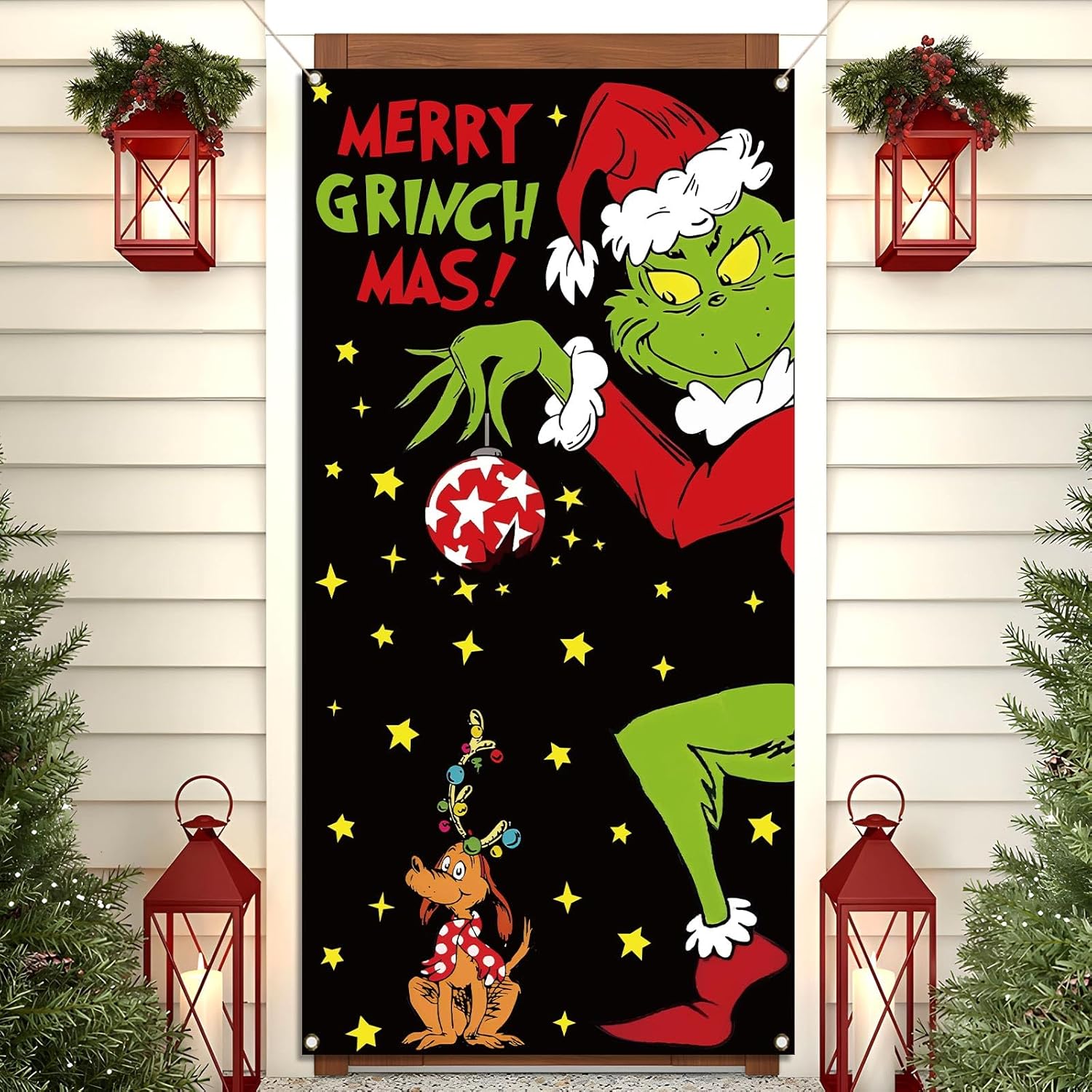 Merry Christmas Door Cover Welcome Xmas Birthday Party Decorations Green Winter Holiday Banner For Home Office Door Decor
