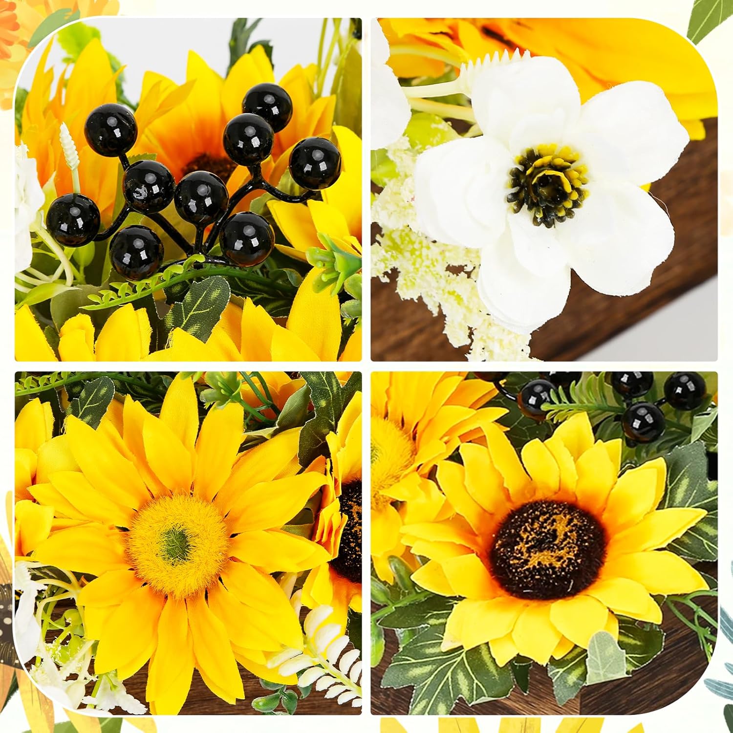Sunflower Arrangement Centerpiece Table Decorations,Sunflowers Daisy And Berry Green Leaf Floral Artificial Flowers With Wood Tray For Dining Table Coffee Table Farmhouse Room Mantel Décor
