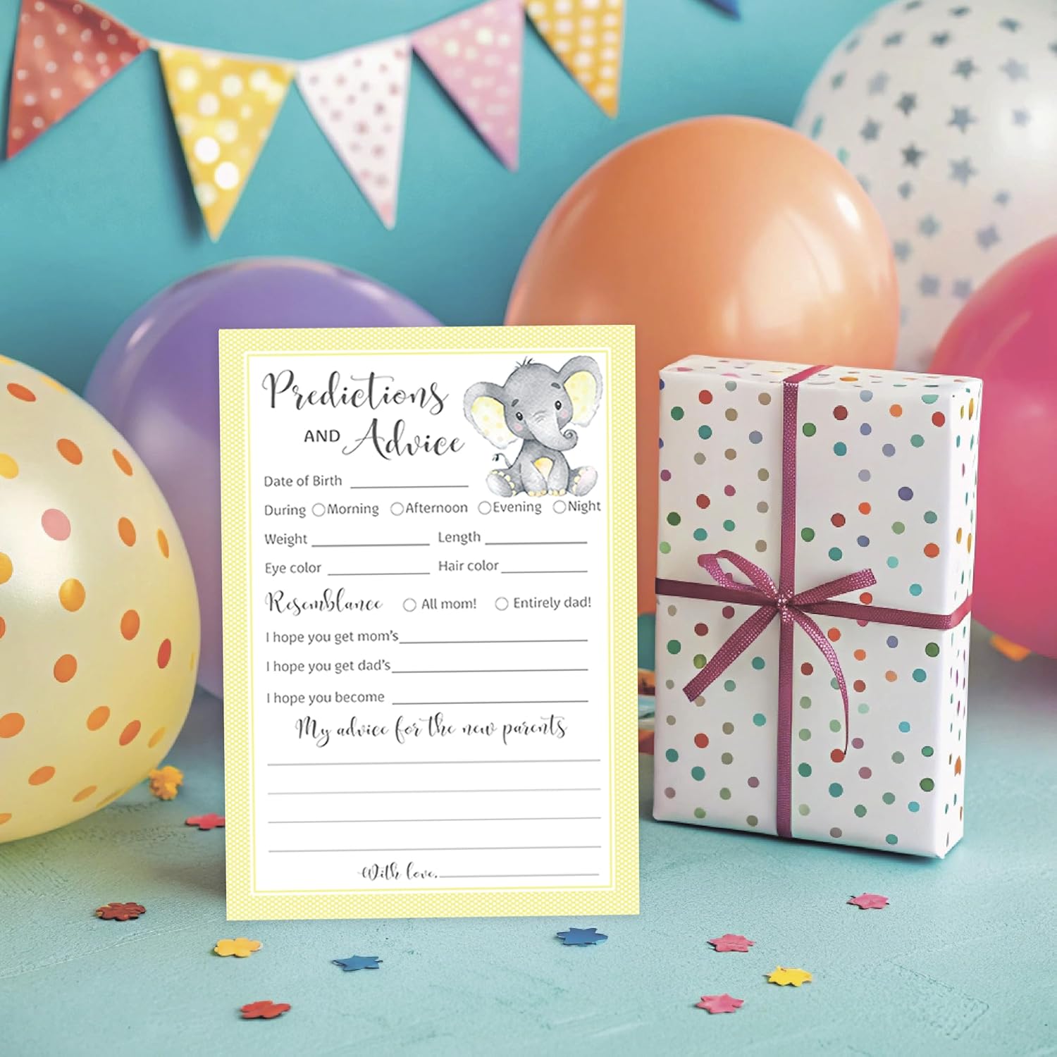 Yellow Elephant Prediction And Advice Cards - Pack Of 25 - Girl Boy Baby Shower Games, New Parents, Mom & Dad To Be, Mommy & Daddy Message, Couples Coed Shower Activity Keepsake Book Yellow G521-Pdav