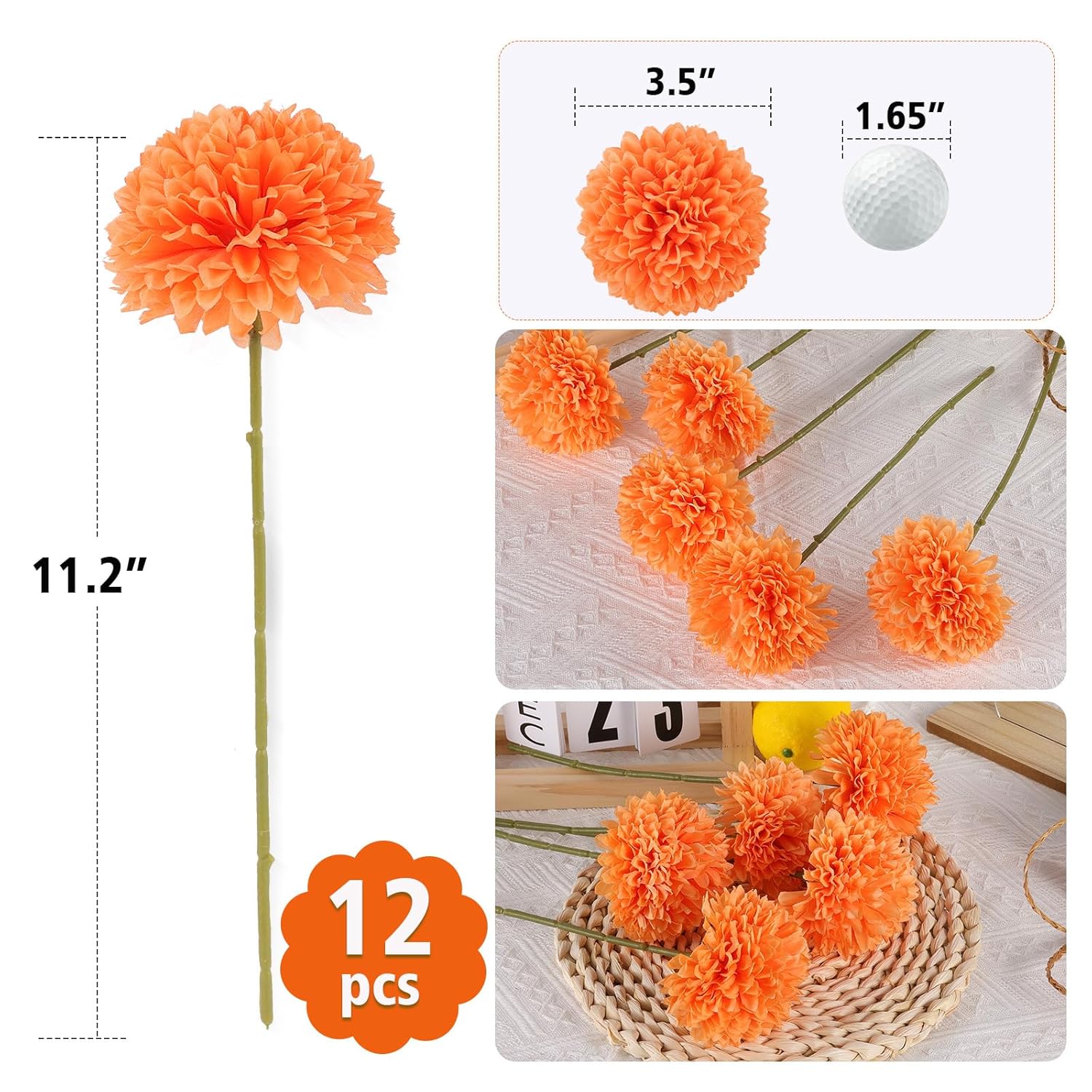 12 Pcs Artificial Chrysanthemums Fall Flowers Silk Orange Marigolds Flowers Fake Mums Flower For Autumn Dia De Los Muertos Diwali Day Of The Dead Home Decor (12, Orange)