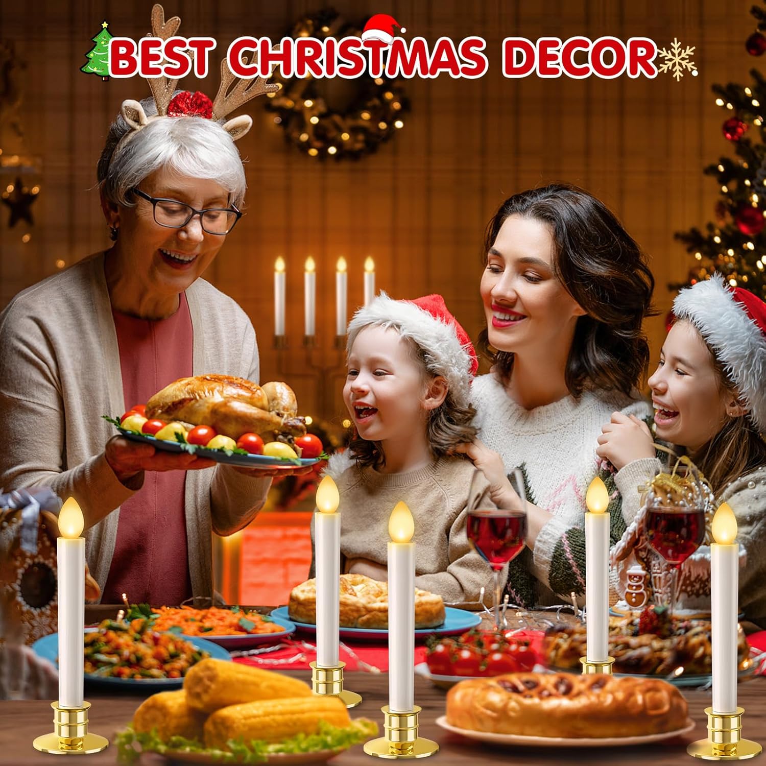 Christmas Window Candles Lights 6 Pack Battery Operated Candles With Remote Control Timer Gold Holders Flameless Candle Taper Led Candle Christmas Decorations Window Decorations Party Xmas Table Top