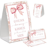 How Many Kisses Bridal Shower Games, Pink Bow Wedding Shower Decorations, Engagement Party Game, Bachelorette Games, Bridal Shower Favors, Bridal Shower Sign And 50 How Many Cards