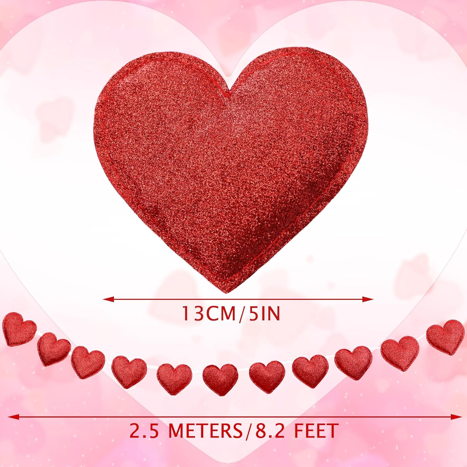 Valentine'S Day Glitter Felt Heart Banner Red Heart Garland Banners Hanging Garland Decorations For Anniversary Wedding Birthday Party Bachelorette Engagement