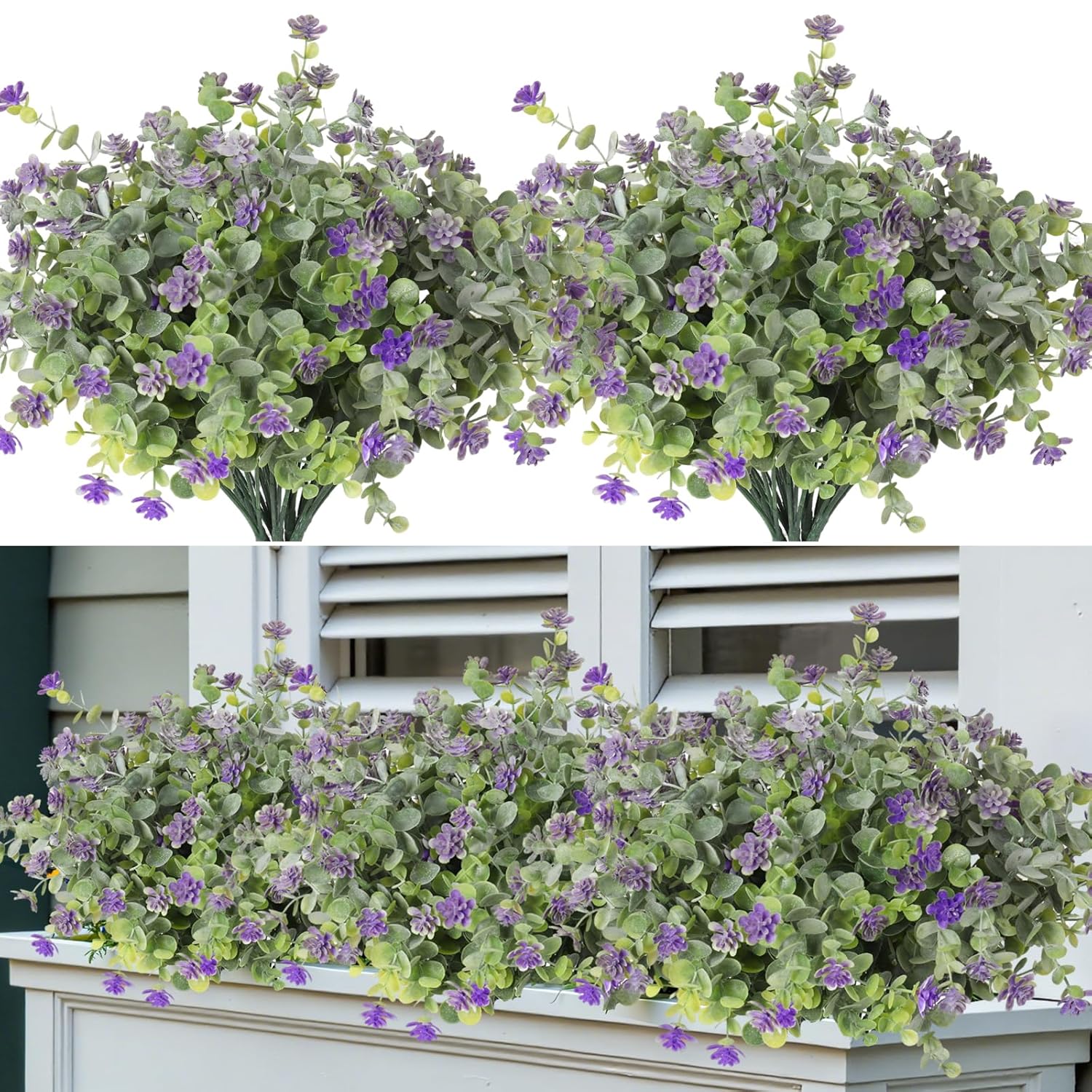 8 Bundles Artificial Eucalyptus Plants Flowers Greenery Fake Boxwood Bushes Faux Shrubs Plants For Spring Wedding Window Box Indoor Outdoor Valentines Day Decor(Dusty Green+Dusty Purple)