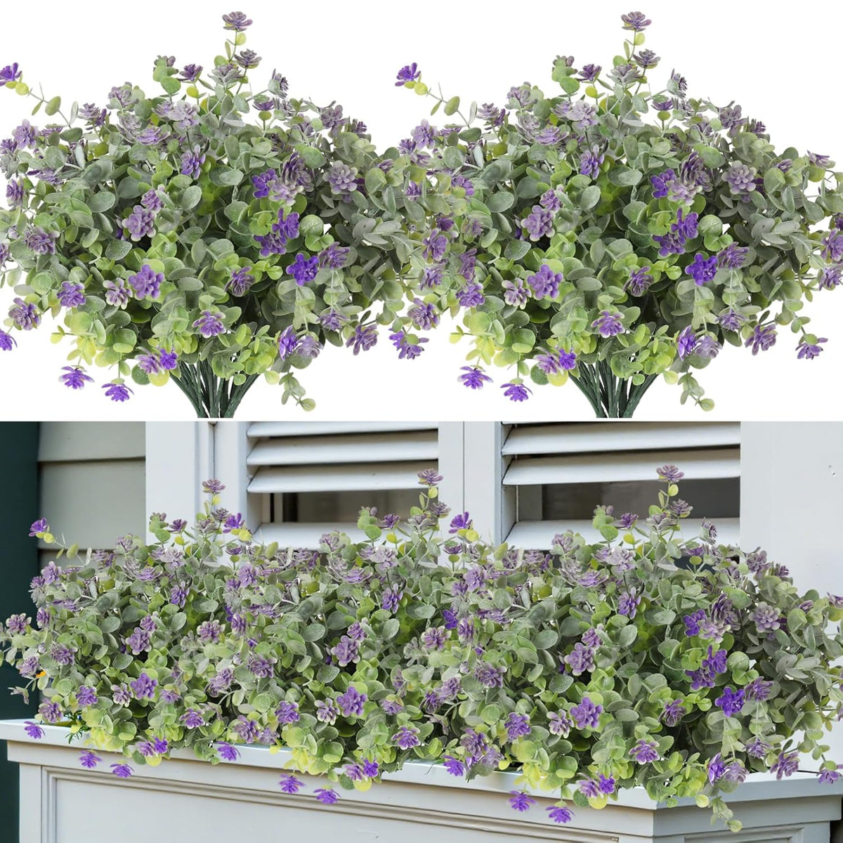 8 Bundles Artificial Eucalyptus Plants Flowers Greenery Fake Boxwood Bushes Faux Shrubs Plants For Spring Wedding Window Box Indoor Outdoor Valentines Day Decor(Dusty Green+Dusty Purple)