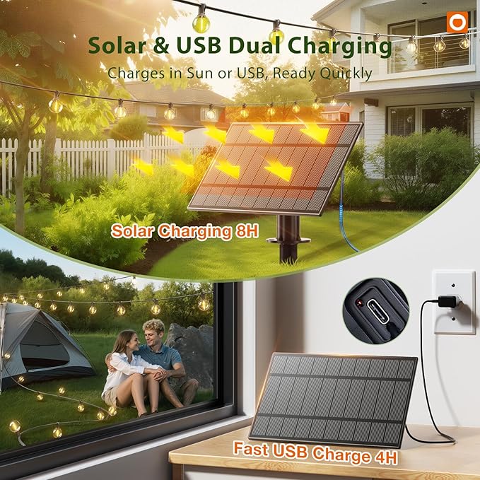 100FT Solar G40 String Lights 54 LED Shatterproof Bulbs with Remote USB Charging