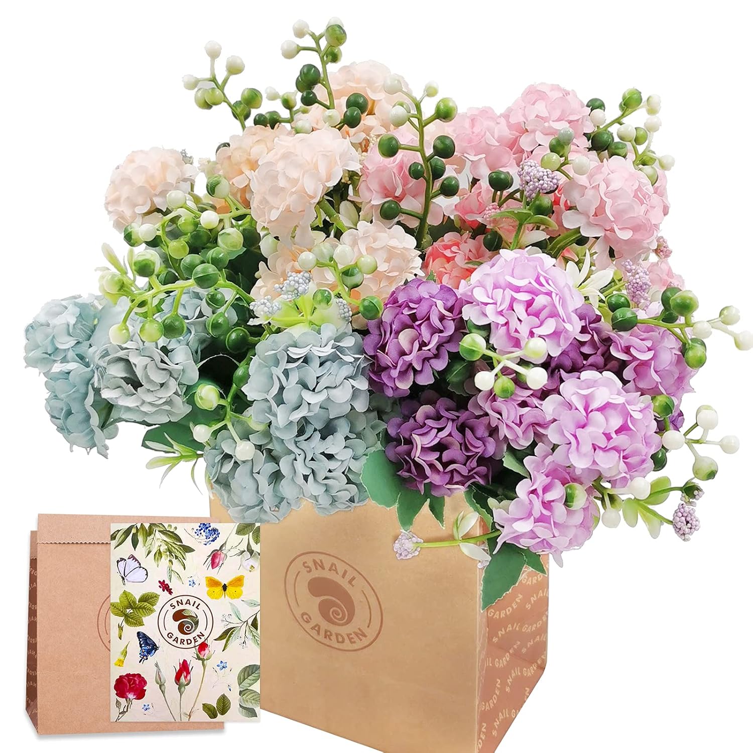 40Heads Artificial Hydrangea Flowers, 4Pack Fake Silk Mini Hydrangea With 1 Vase Kraft Paper Bag-Mini Artificial Chrysanthemum Ball Perfect For Home Office Wedding Baby Shower Party Decor