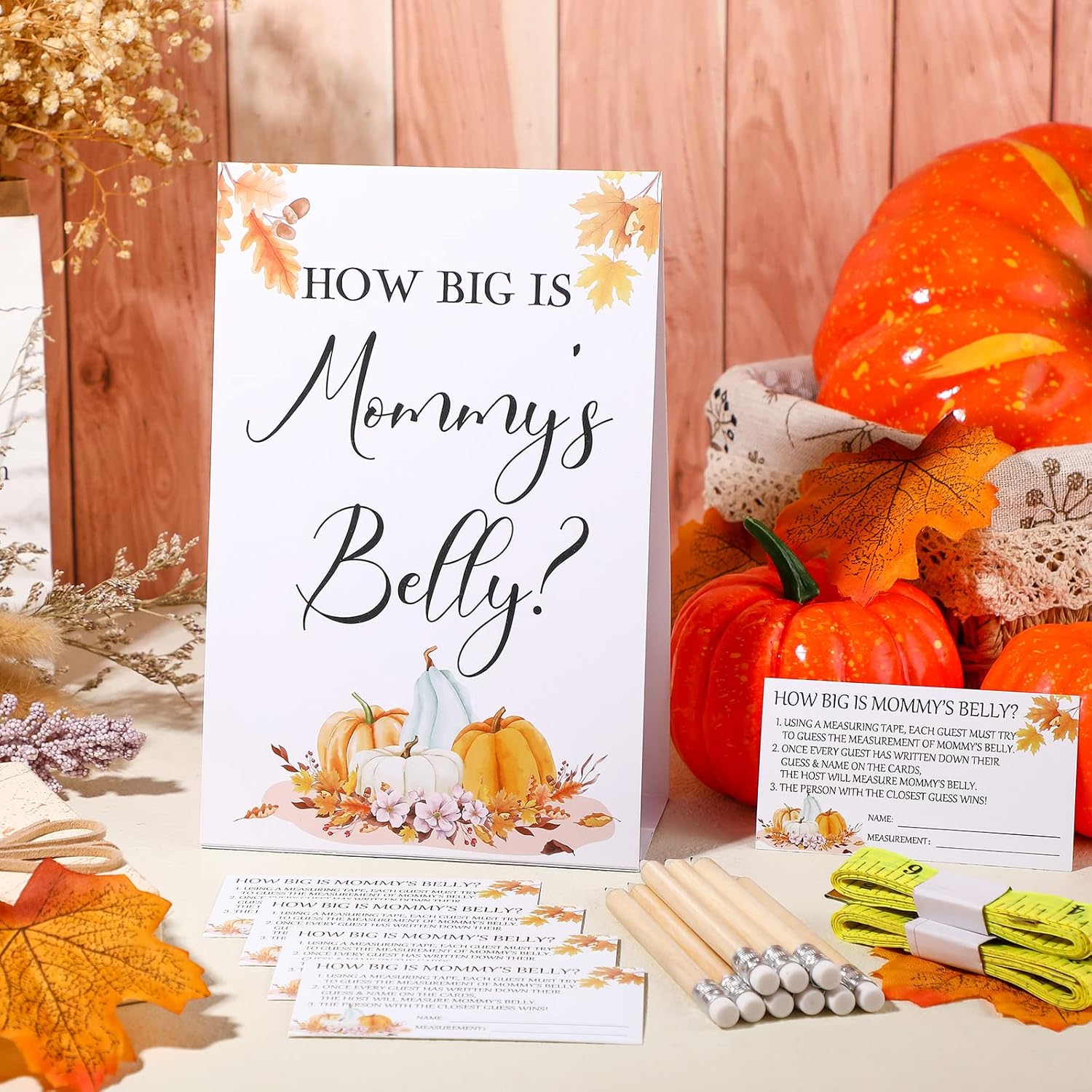 64 Pcs Little Pumpkin Baby Shower Games Include Fall How Big Is Mommy'S Belly Sign And 50 Maple Leaf Guessing Card With 10 Pencils 3 Measuring Tapes For Thanksgiving Event Supplies Baby Shower