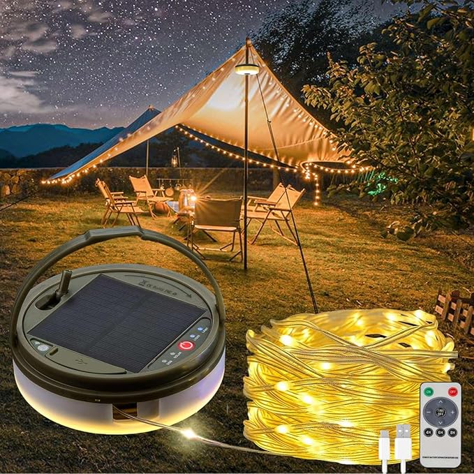 39.4FT Solar Camping String Lights 4 in 1 Waterproof Rechargeable Tent Lantern