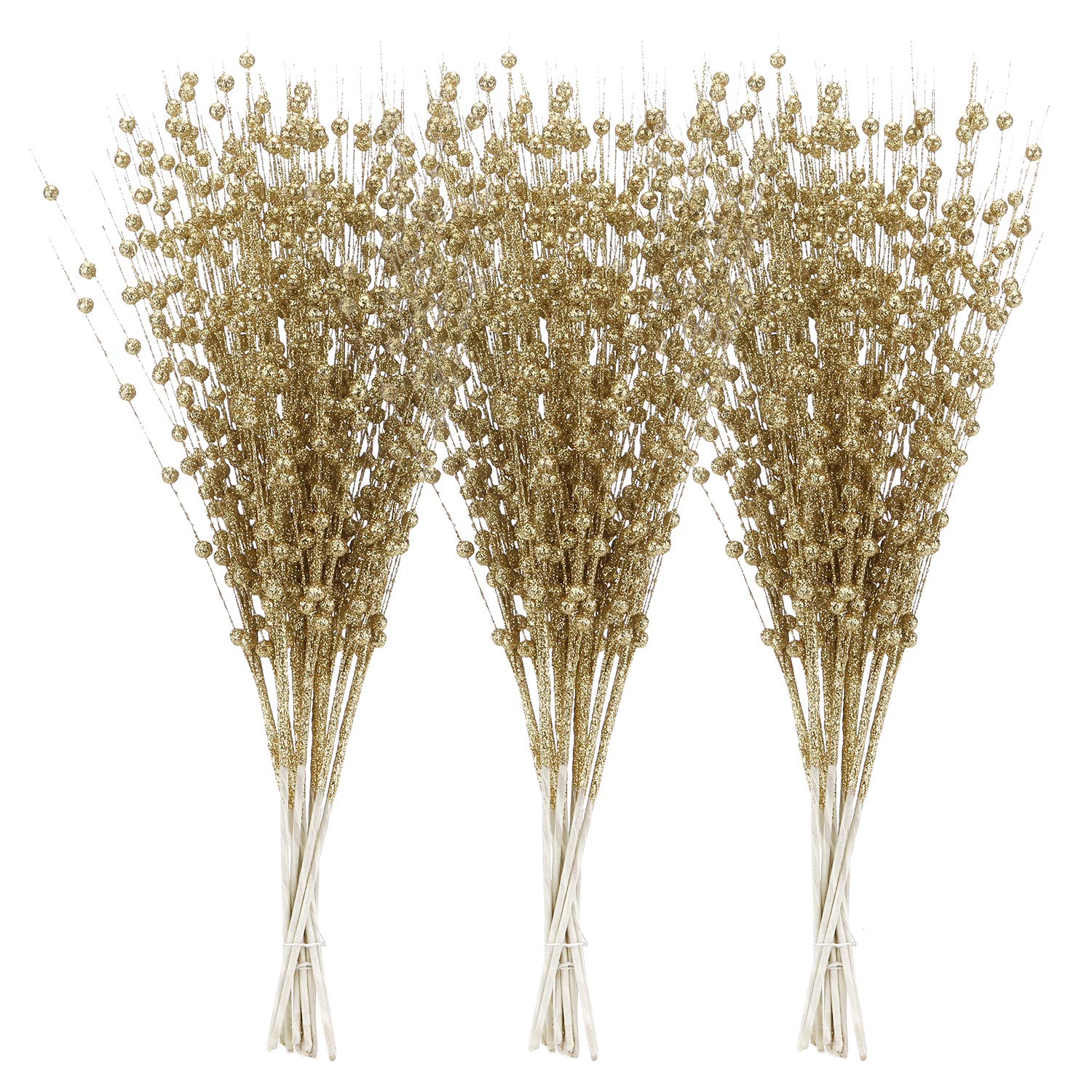 24-Pack Artificial Glitter Berry Stem Ornaments, Decorative Bead Sticks, Glittery Twigs, Picks, Branches For Christmas Tree, Small Vase, Holiday, Wedding, Party (17 Inches, Gold)