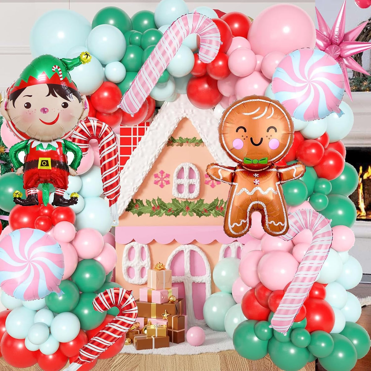 Gingerbread Balloon Arch Garland Kit 153 Pcs Christmas Balloon Garland Arch Pink Christmas Balloons Giant Gingerbread Man Candy Cane Balloon For Christmas Gingerbread House New Year Party Supplies