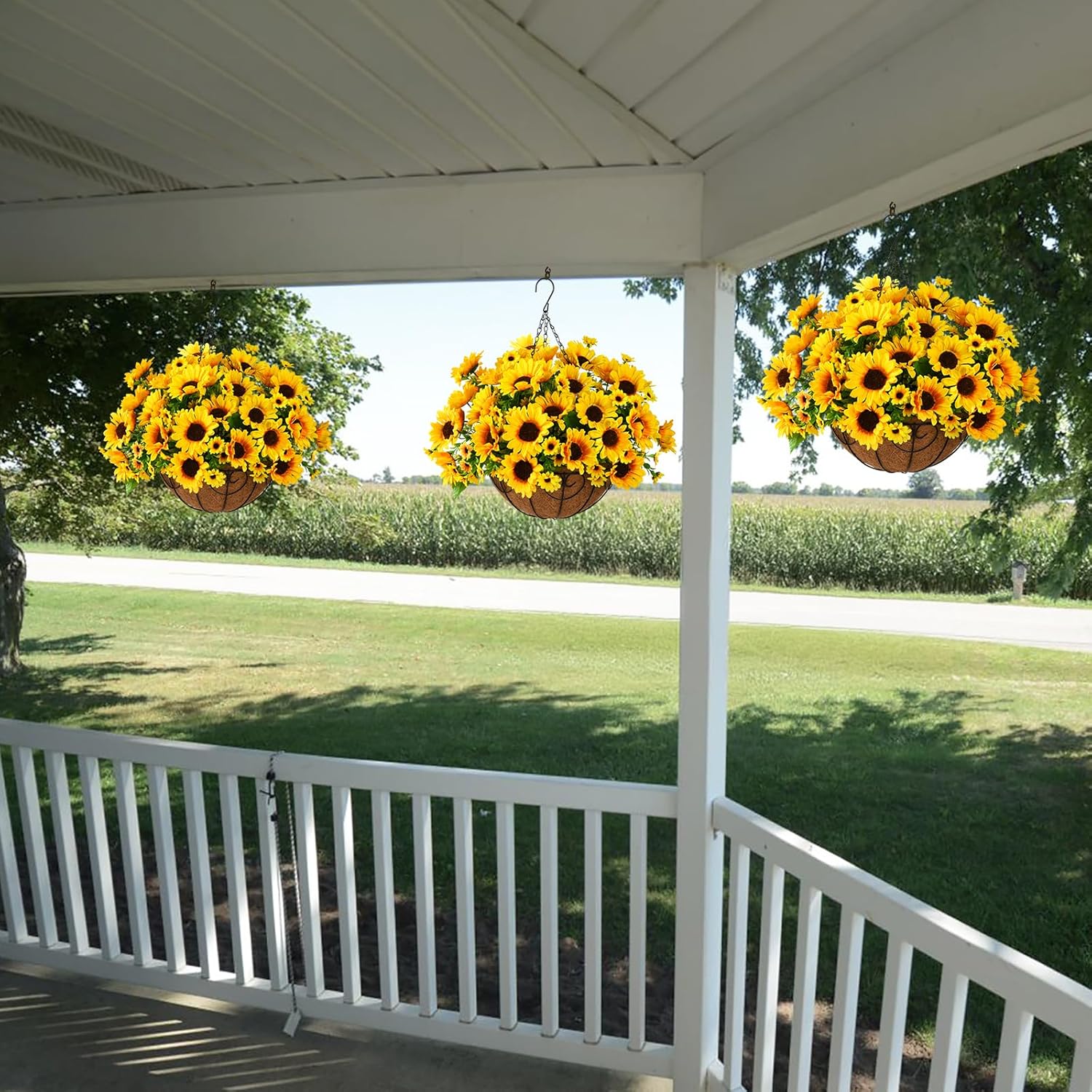 Artificial Sunflowers Fake Hanging Flowers Plants Baskets For Outdoor Fall Decoration, Faux Silk Flowers Look Real Uv Resistant For Porch Patio Garden Spring Home Decor