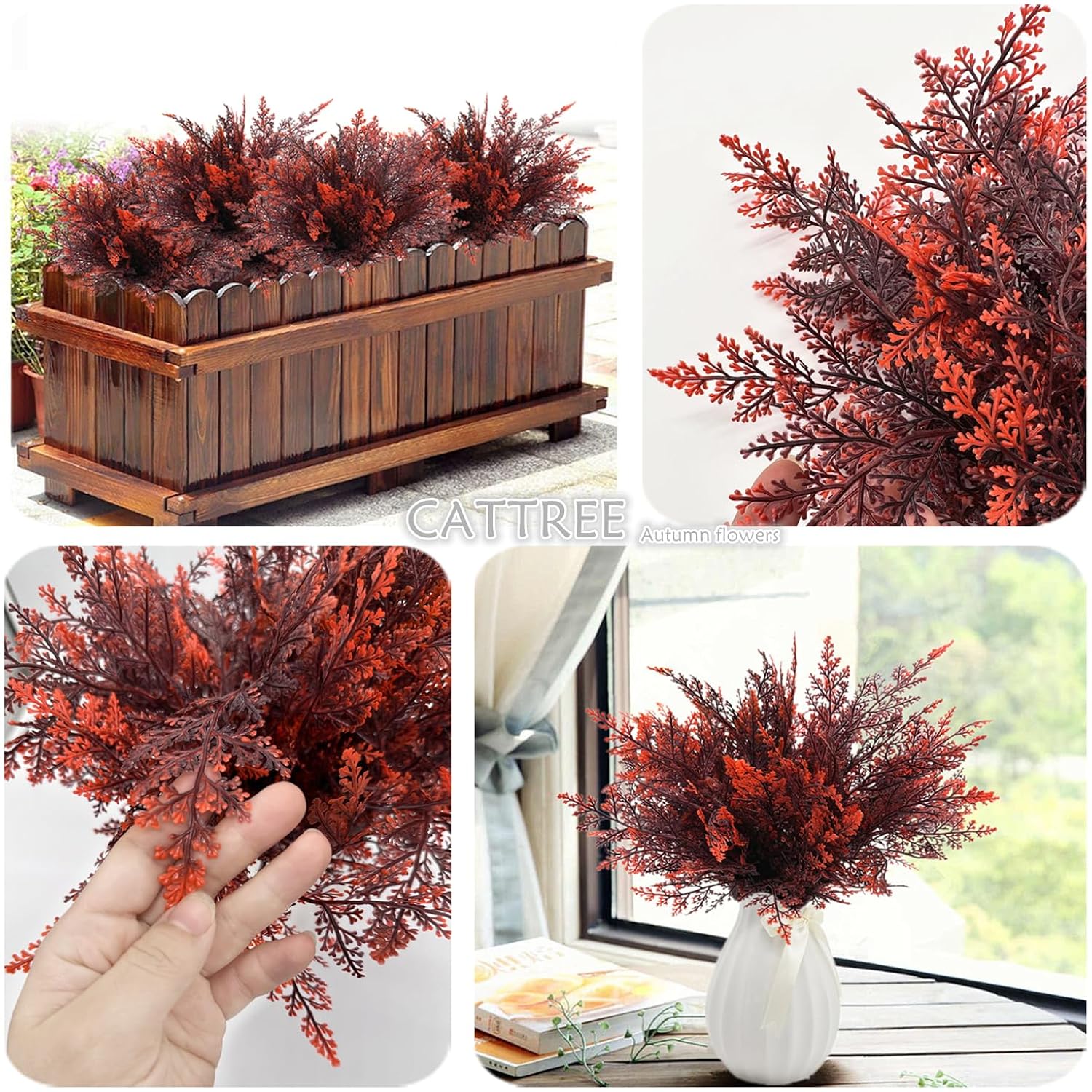 Artificial Fern Plants, Fake Ferns Bushes Plastic Shrubs Boston Leaves Bundle Faux Foliage For Outdoor Indoor Decor Garden Kitchen Office Wedding Party Christmas Diy Decoration - Red 4 Pack
