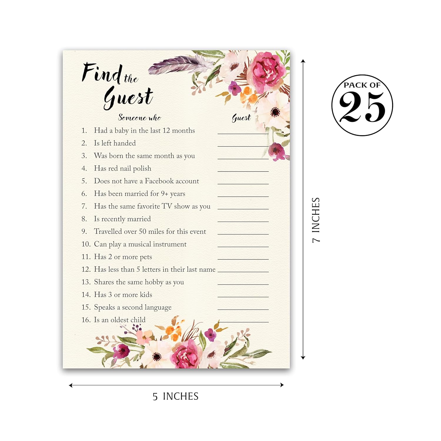 Boho Find The Guest Baby Shower Game — Pack Of 25 — Girl Bohemian Icebreaker Baby Shower Party Game, Guess Who Came To The Party Games, Pink Floral Shower Quiz G400-Ftg
