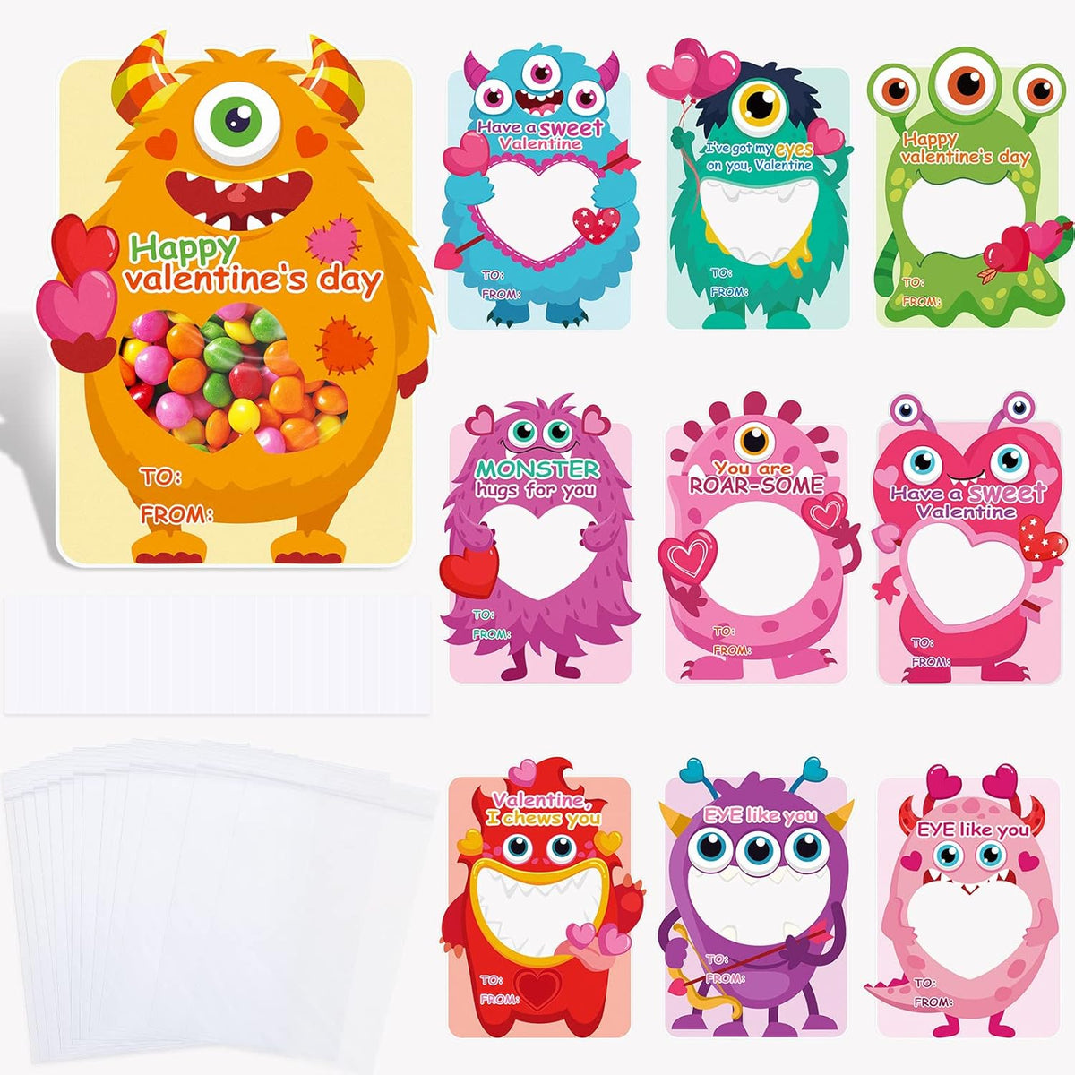 60 Pack Valentine S Day Gift Cards Kids Cute Monster Theme With Hollow Valentine'S Greeting Gift Set For Kids Friendship School Classroom Exchange Gifts Party Favor Candy Not Included