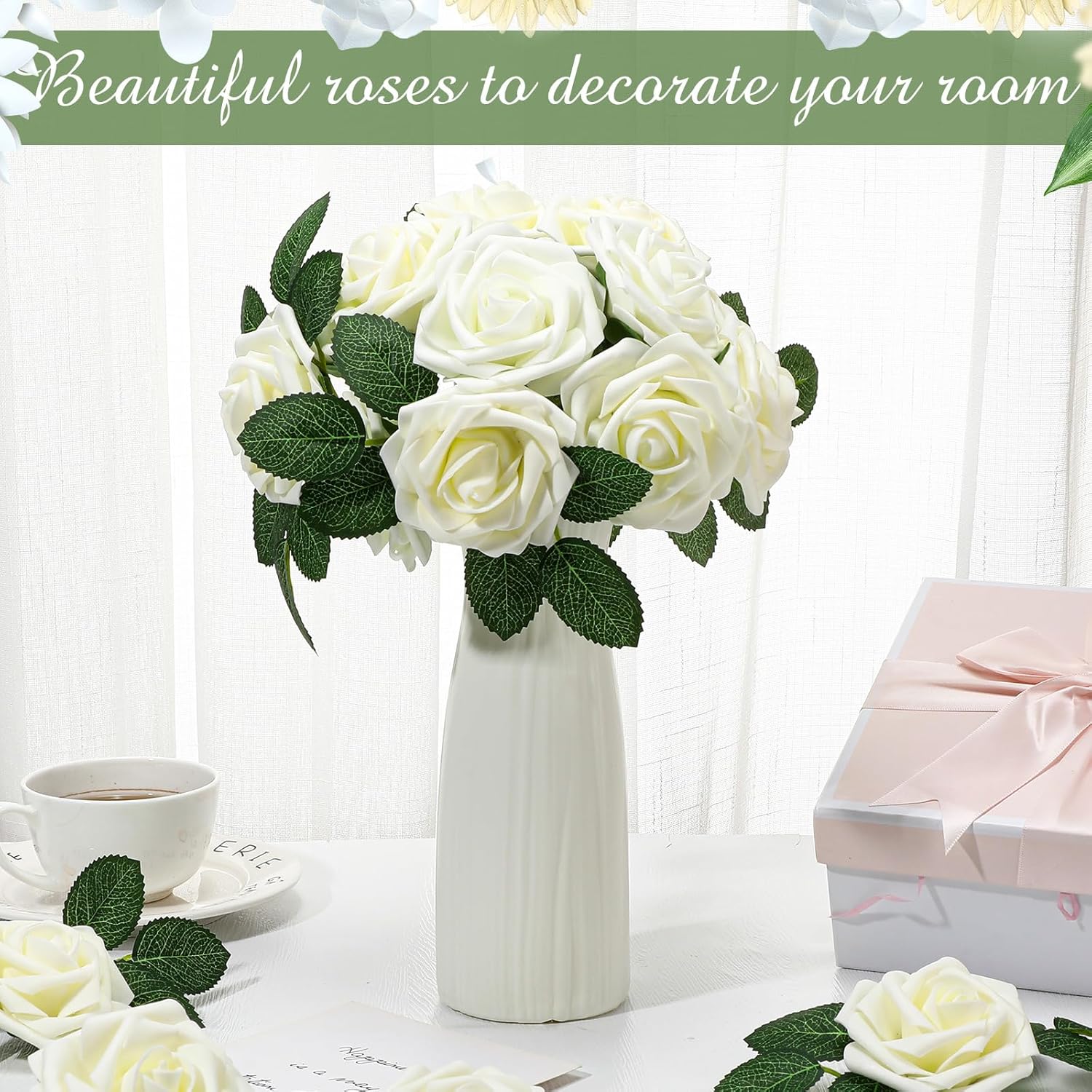200 Pcs Artificial Rose Flowers Foam Fake Rose Bulk Faux Flower With 100 Pcs Stem For Diy Wedding Bouquet Centerpieces Floral Arrangement Bridal Shower Party(White)
