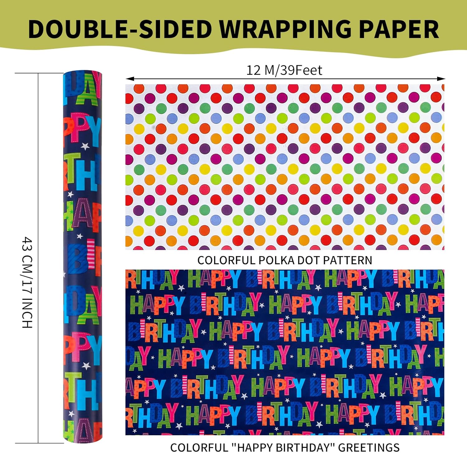Reversible Birthday Wrapping Paper For Boys Girls Kids 17 Inch X 36 Feet Happy Birthday Lettering Gift Wrapping Paper For Party, Baby Shower, Holiday