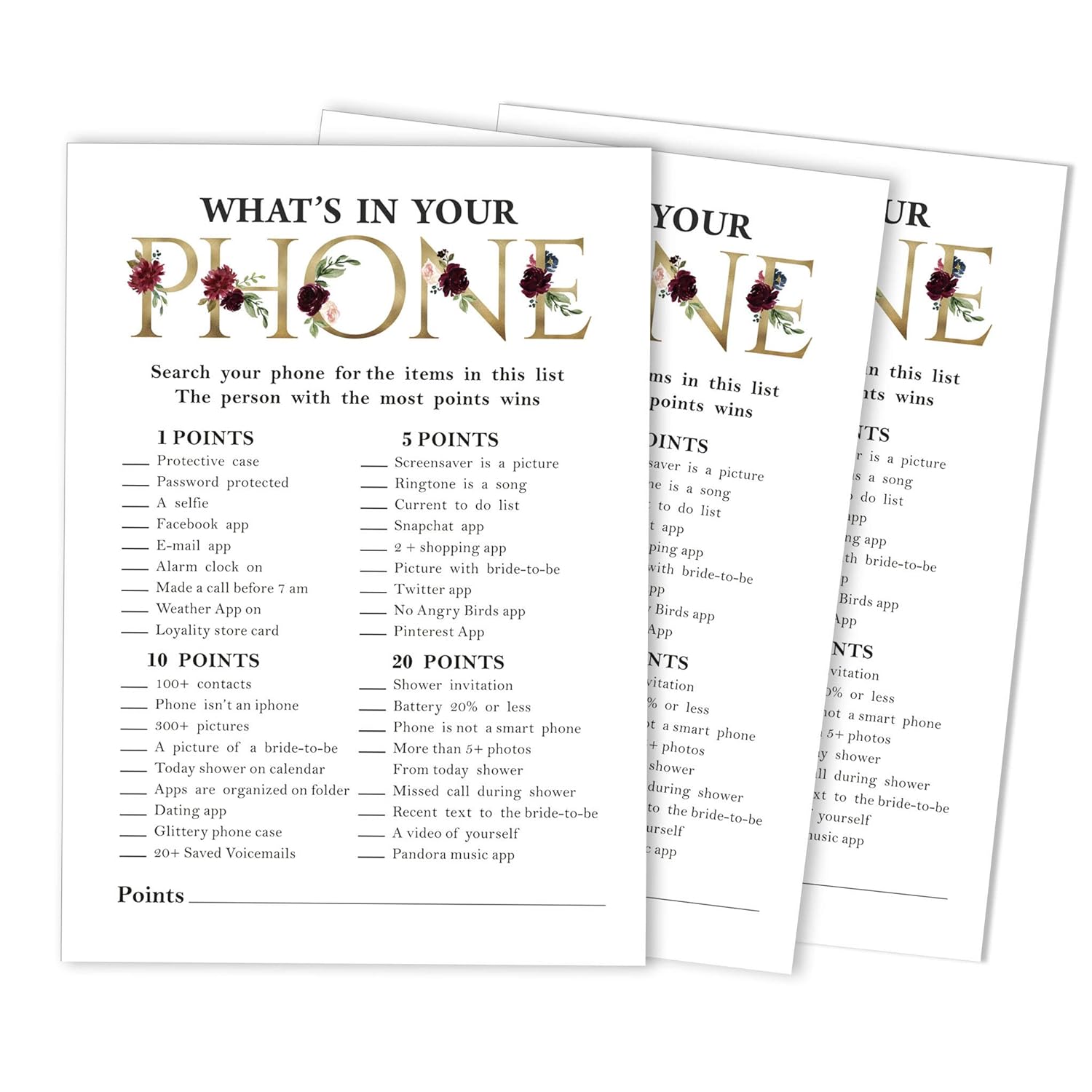 Bridal Shower Game Wedding Shower Bachelorette Party Bulk Activity Game Cards 50-Pack Floral Whats On Your Phone