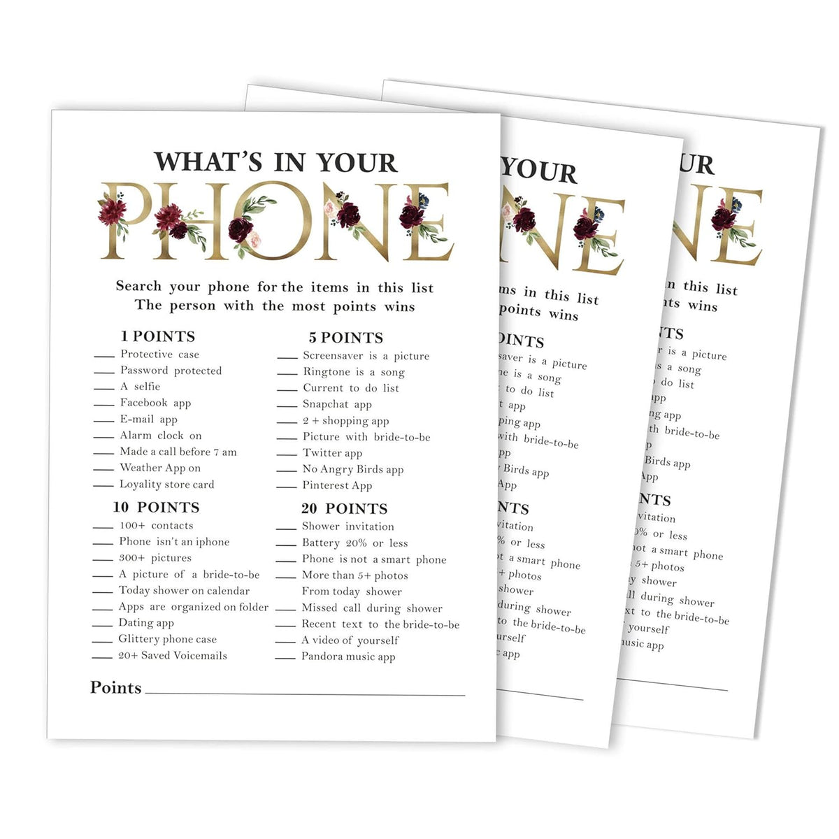 Bridal Shower Game Wedding Shower Bachelorette Party Bulk Activity Game Cards 50-Pack Floral Whats On Your Phone