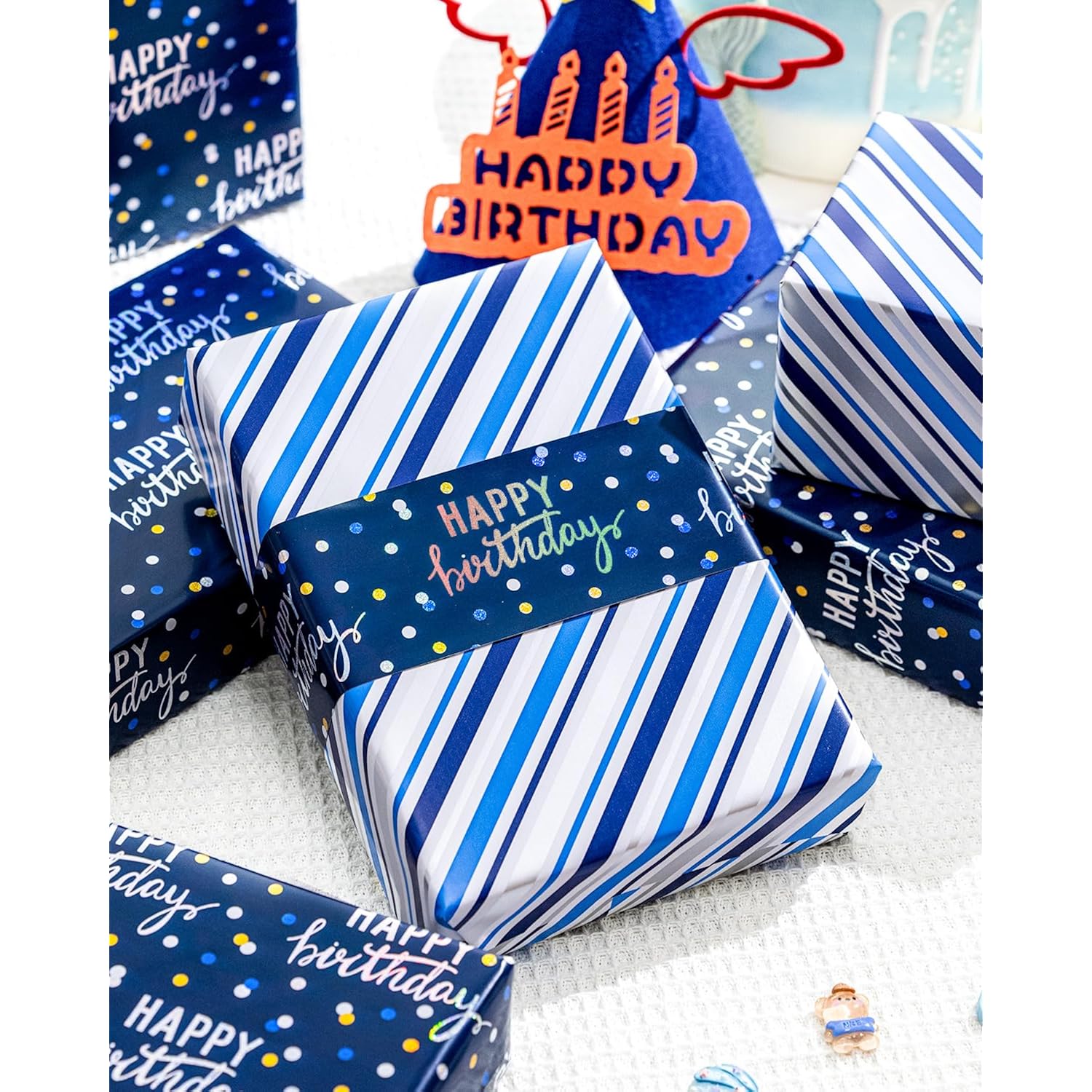 Birthday Wrapping Paper Roll, Blue Metallic Holographic Happy Birthday Wrapping Paper Featuring Revesible Stripe Gift Wrap Paper For Boys Kids Girls Men, 17 Inches X 33 Feet