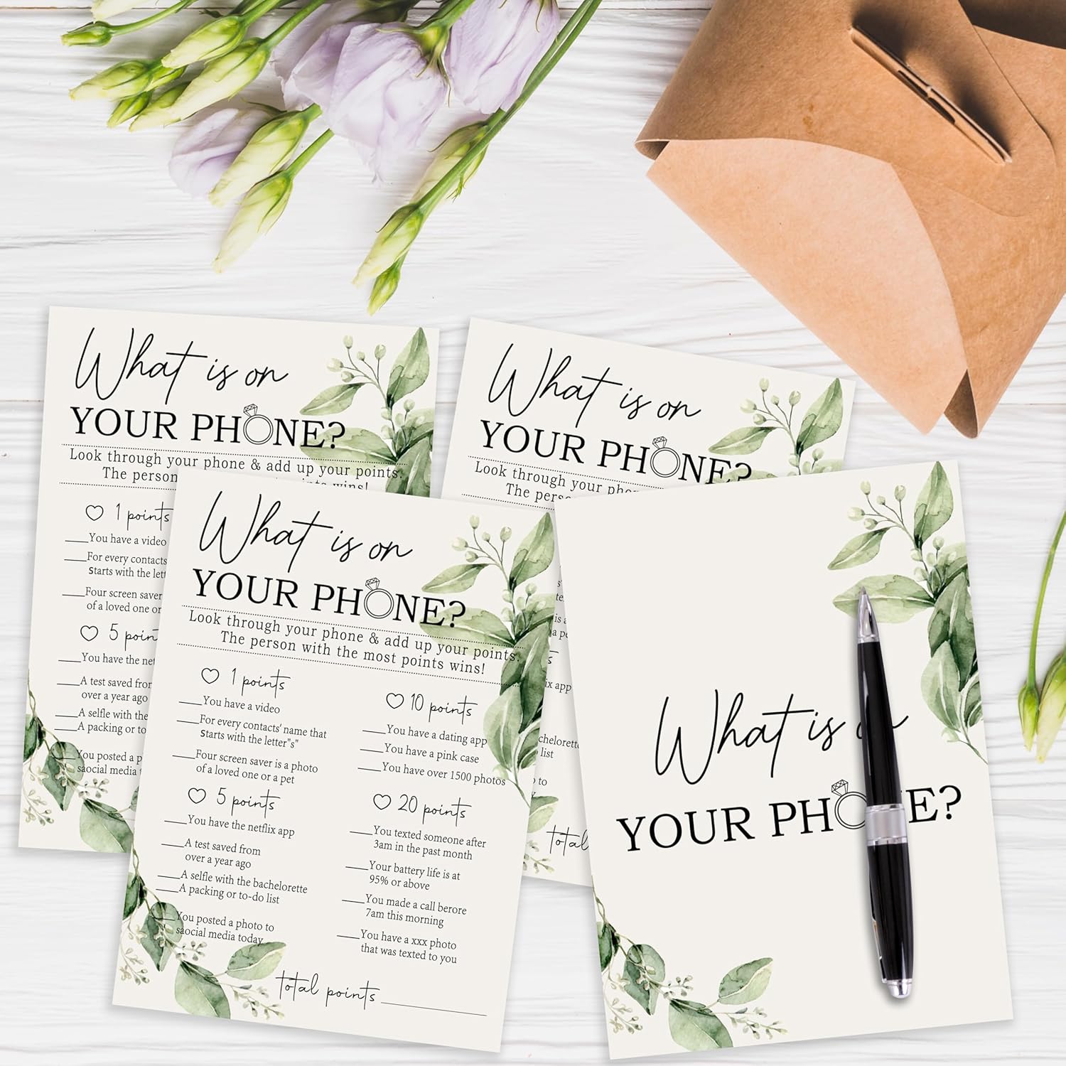 Greenery Bridal Shower Games Cards, What Is On Your Phone Game Card Reception For Wedding Showers Engagement Party Bachelorette Party, Bridal Party Games For Decorations Favors Supplies, Set Of 25-04