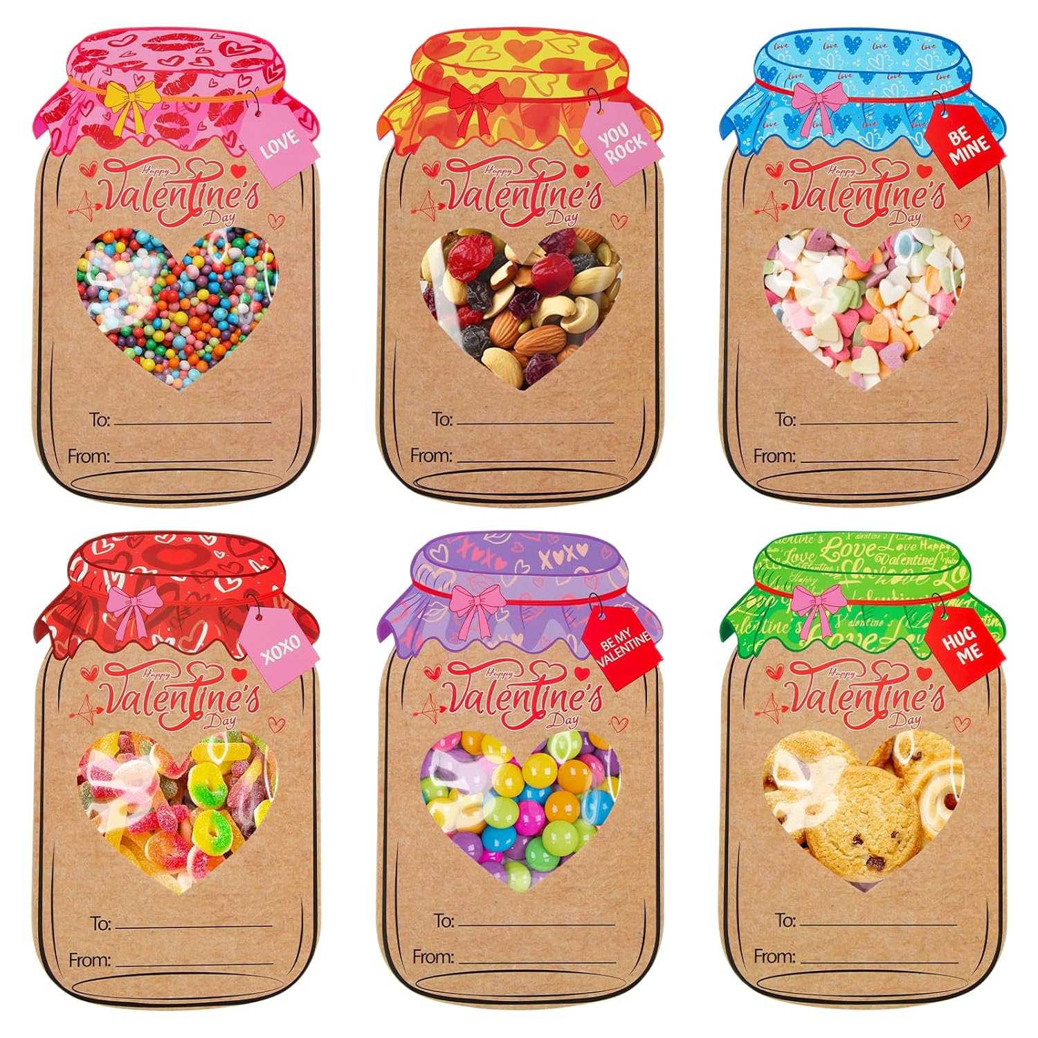 48 Pack Valentines Cards For Kids, Mason Jar Valentines Day Cards Candy Holder Valentine Gifts For Classroom School Exchange Party Favors (Candy Not Included)