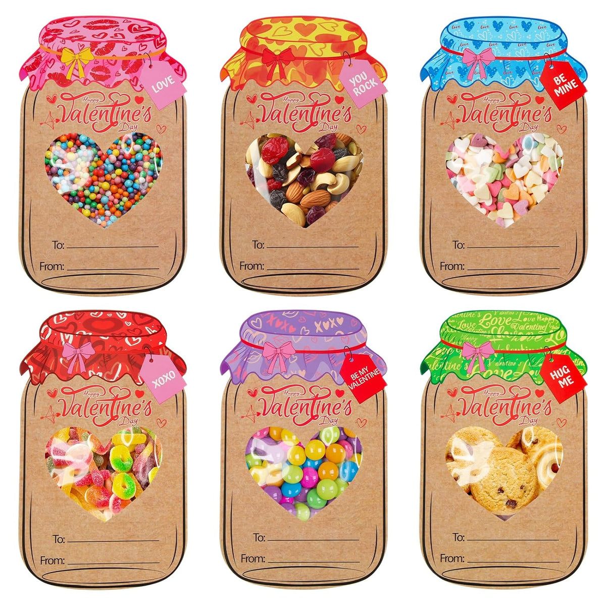 48 Pack Valentines Cards For Kids, Mason Jar Valentines Day Cards Candy Holder Valentine Gifts For Classroom School Exchange Party Favors (Candy Not Included)