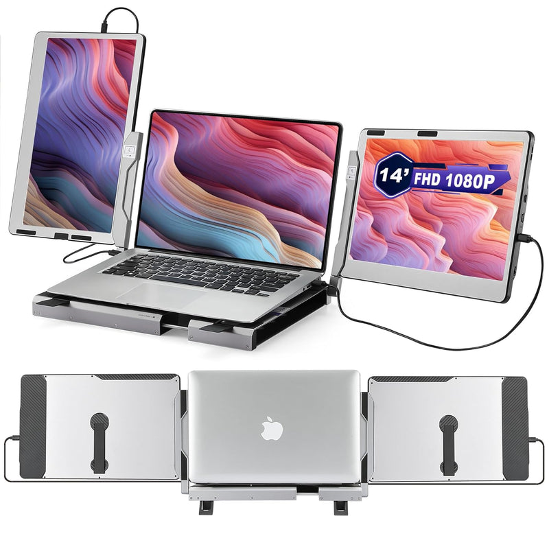 Triple Monitor For Laptop, 14'' 1080P Portable Laptop Screen Extender, 360 Rot