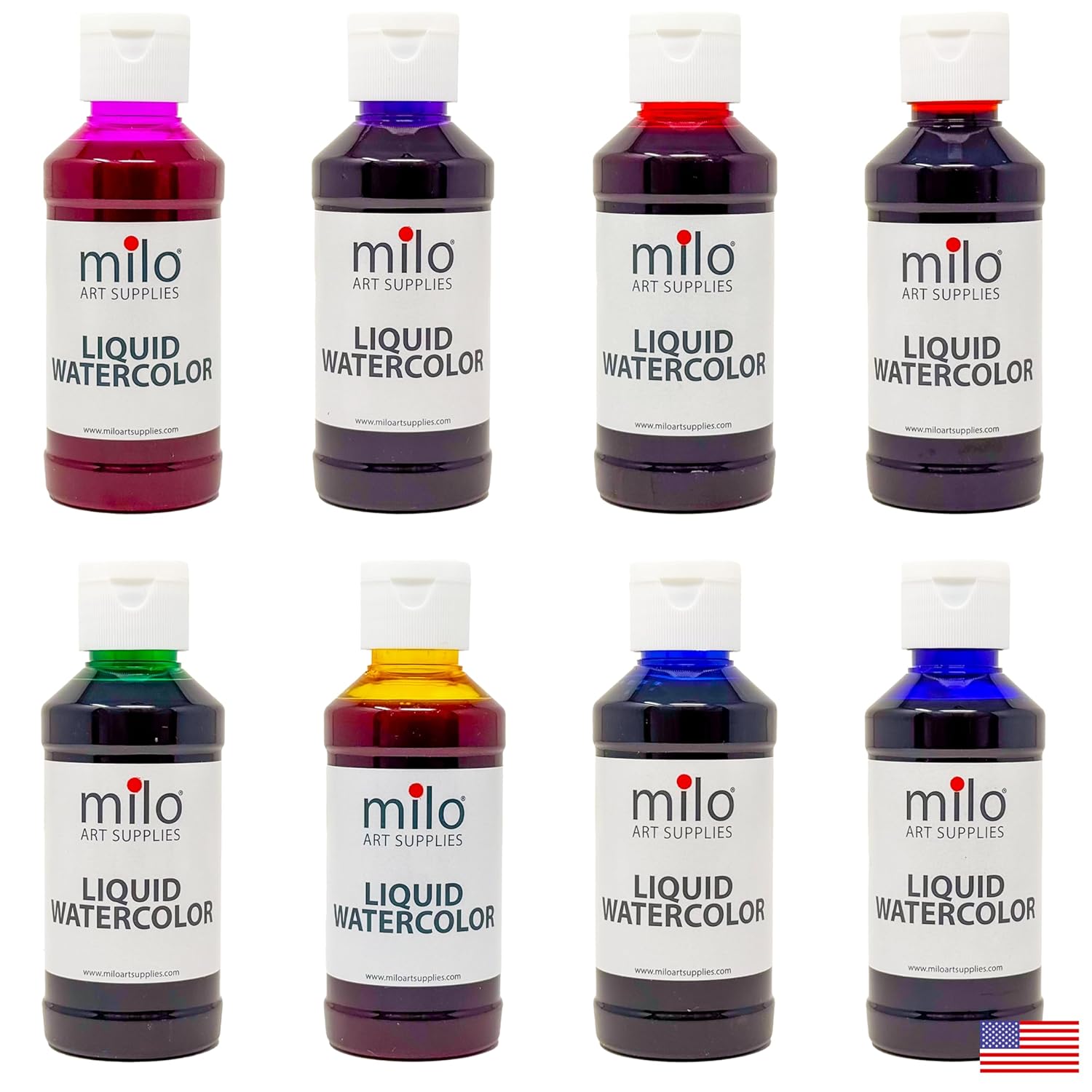 milo Liquid Watercolor Paint Set of 8 Colors | 4 oz Bottles | Washable, Safe and Non-Toxic | Made in USA | Arts & Crafts Paints for School Supplies and Painting Set | Easy to Pour Fluid Bottles