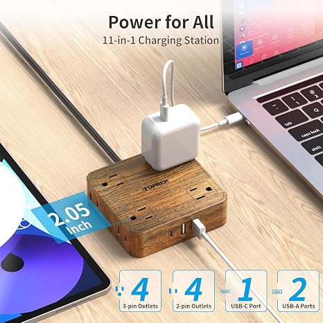 Surge Protector Power Strip 8 Outlets 3 USB Ports 1 USB C 1080J 5FT Flat Plug Extension Cord Wood Finish