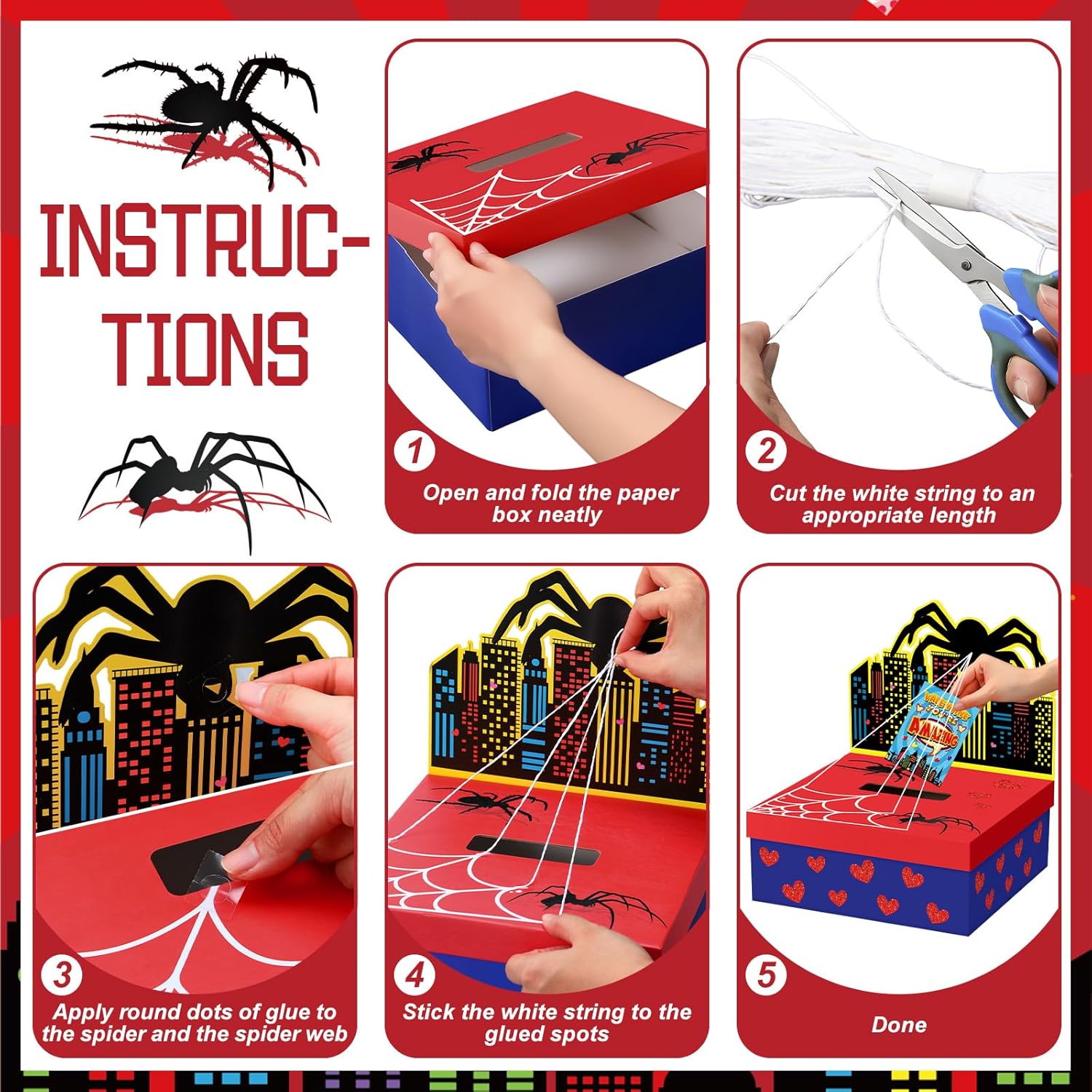 Valentines Day Mailbox Diy Spider Boxes With 32 Greeting Cards Valentine'S Day Table Box Gift For Party Favor Sets For School Classroom Gifts Exchange
