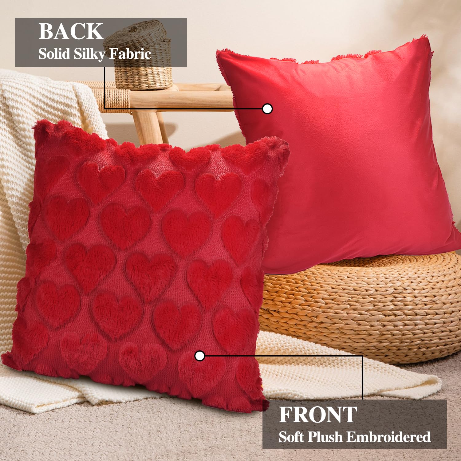 Valentines Pillow Covers 18X18 Inch Set Of 2, Red Heart Soft Plush Short Throw Pillow Cover, Valentines Day Decoration Case Pillow For Sofa Couch Bed Holiday Outdoor Home Decorations