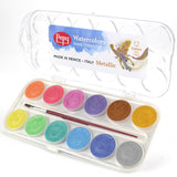 Watercolor Paint; Set Of 12 Colors; Includes Brush & Closable Mixing Tray, Metallic Pearlescent Multicolor