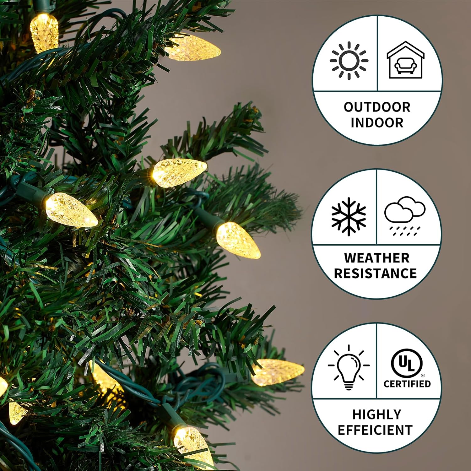 Christmas Lights C6 Led Warm White 70L Green Wire Connectable String Lights Length 24.8 Feet Indoor Outdoor For Festival