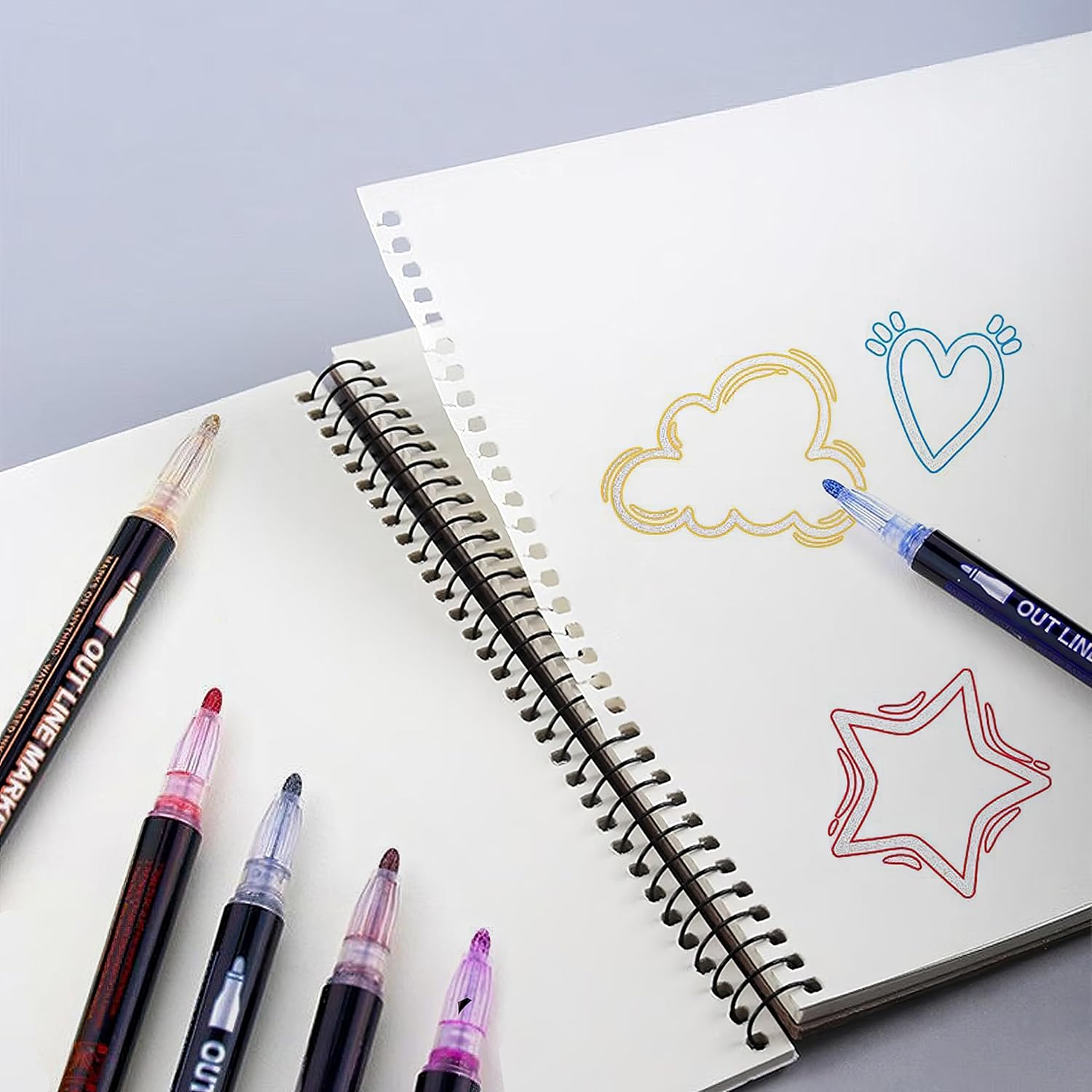 Shimmer Markers Outline Double Line 12 Colors Metallic Glitter Pens & Sketchbook Set Super Squiggles Sparkle Gift Self Drawing Supplies Marker Christmas Card Writing, Birthday Greeting, Painting, Diy