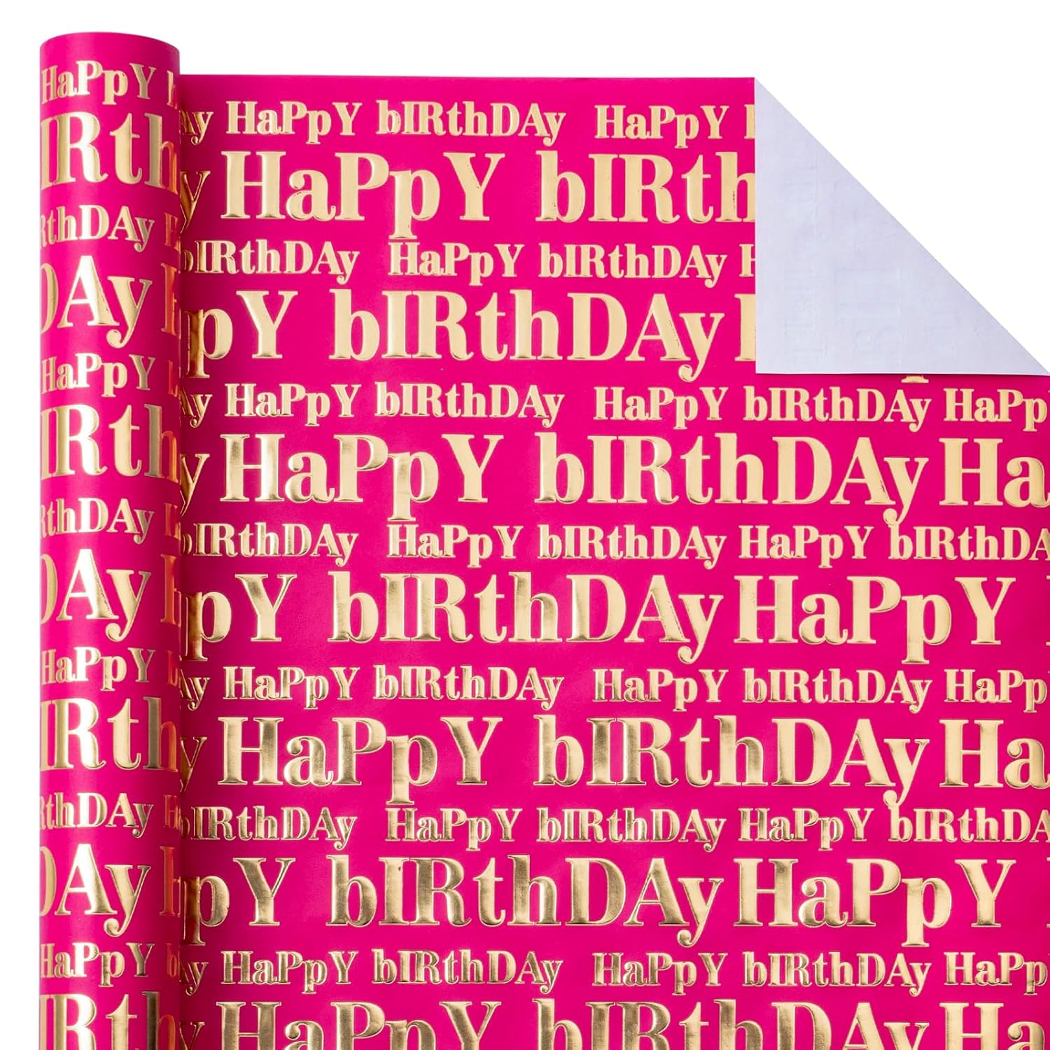 3D Kraft Birthday Wrapping Paper Roll - Mini Roll - 17 Inch X 16.5 Feet - Gold And Hot Pink Happy Birthday Wrapping Paper With Embossed Perfect For Girls Women, Holiday, Party