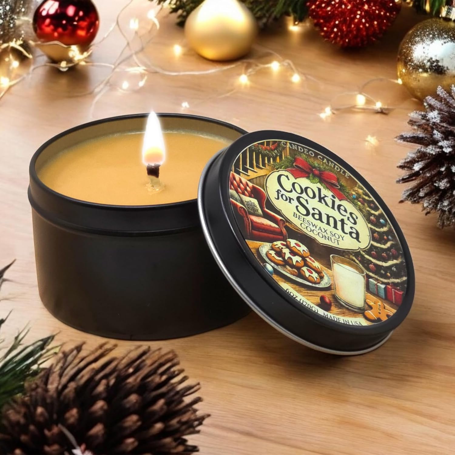 Cookies For Santa - Container Candle, 6 Oz - Made With Beeswax, Coconut And Soy - Black Tin Candle - Handmade In The Usa - (Cookies For Santa)