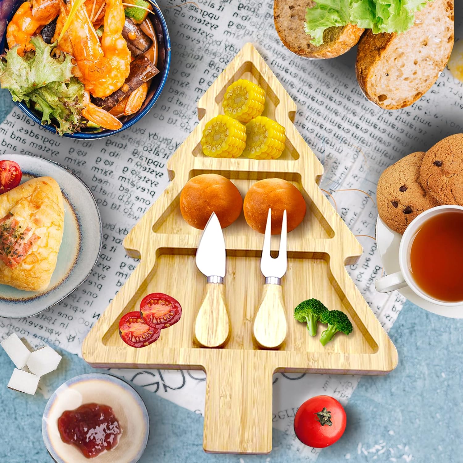 Bamboo Serving Platter, Multiple Spaces Reusable Bamboo Plates, Novel Shape Charcuterie Board Set With Knife & Fork, Fruit, Bread, Salad Plate For Christmas Thanksgiving (Christmas Tree)