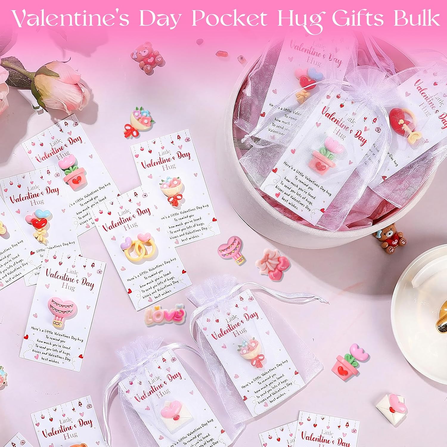 10 Sets Valentine'S Day Little Pocket Hug Gifts Bulk, Resin Heart Flower Pocket Hug Token With Valentines Card & Organza Bag Emotional Support Exchange Cards For Friends Colleagues Family Gifts